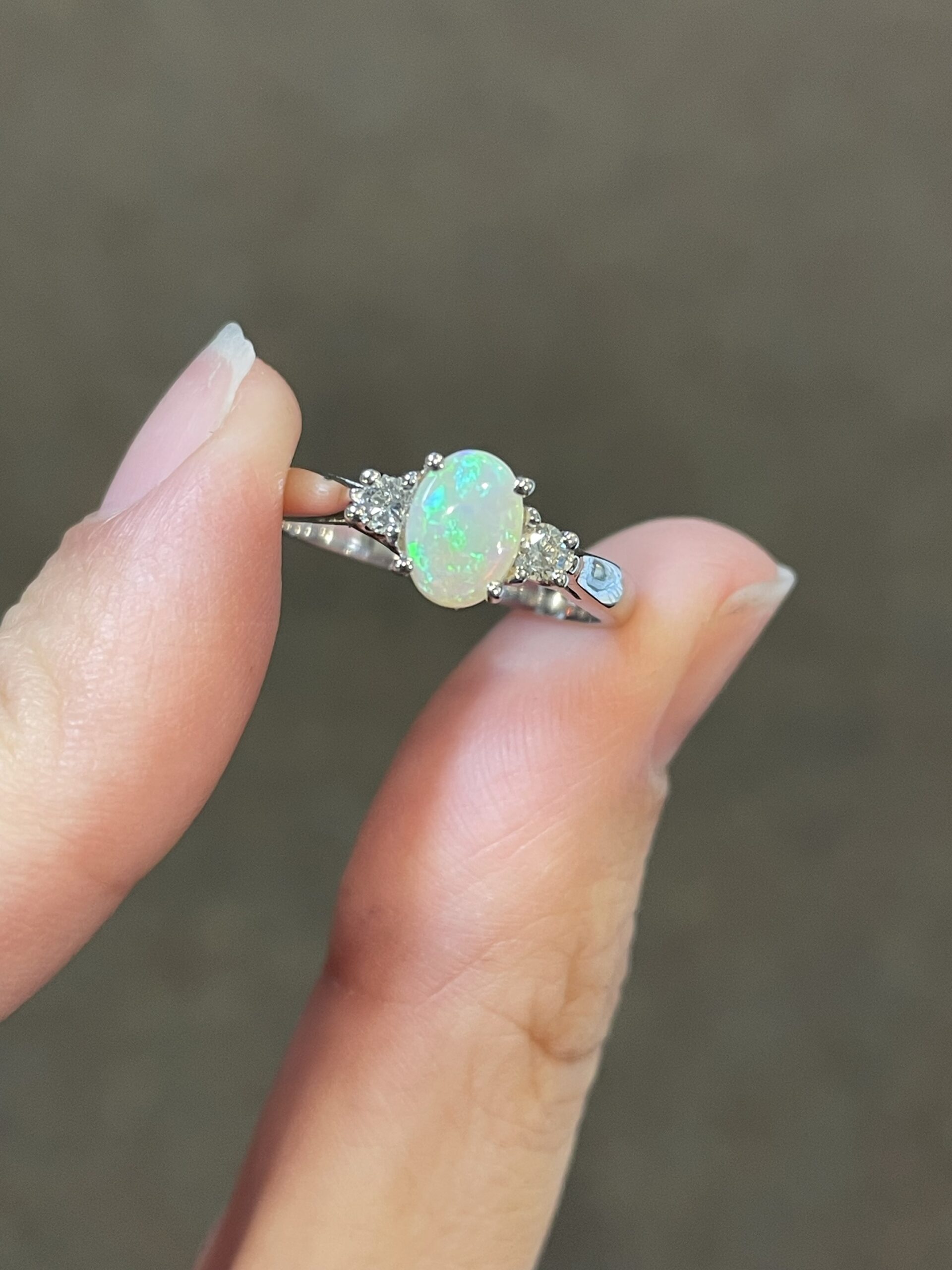 14k White Gold Genuine .49 Cttw Opal & Diamond 3 Stone Ring - Image 2