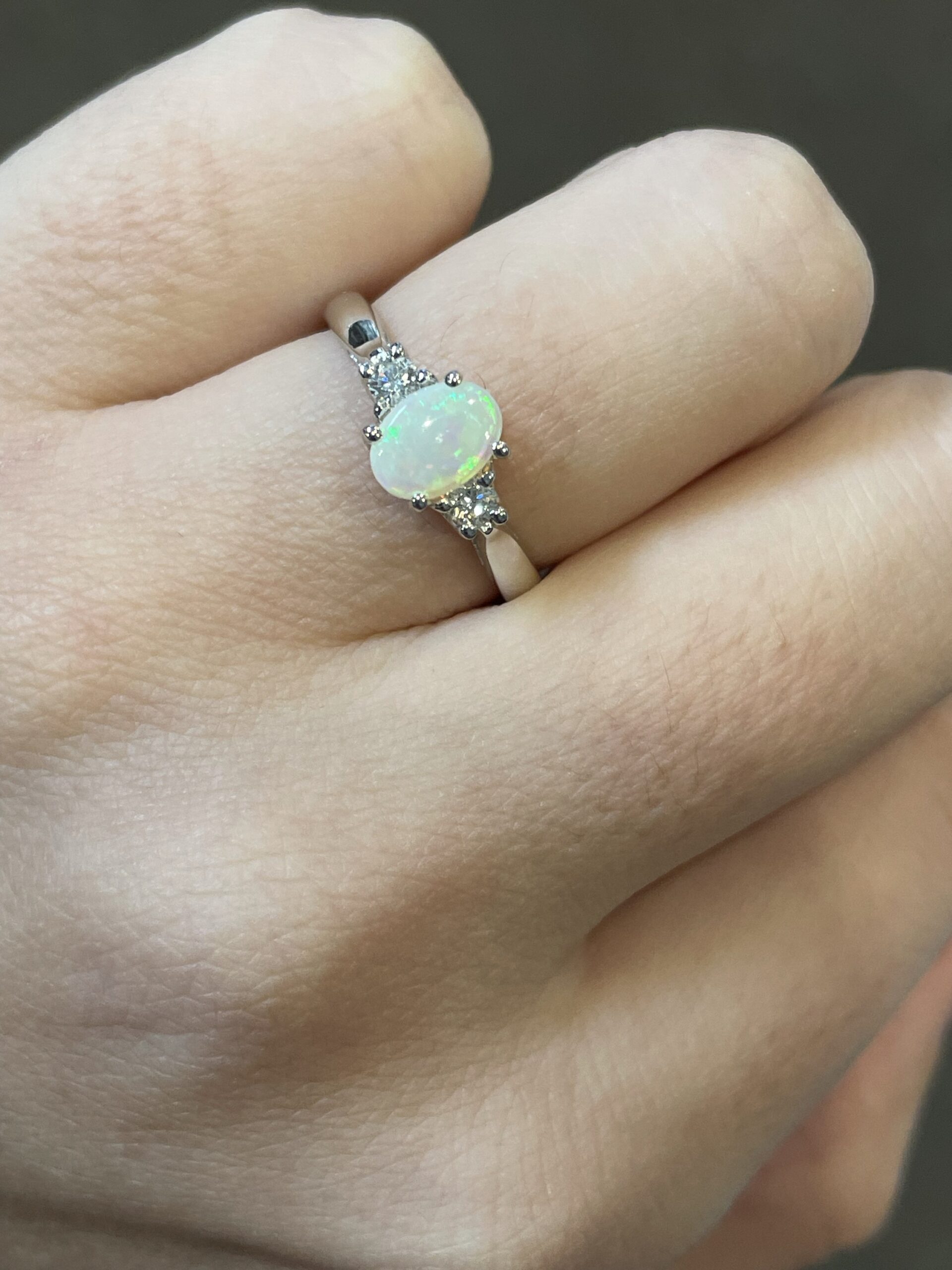 14k White Gold Genuine .49 Cttw Opal & Diamond 3 Stone Ring - Image 6