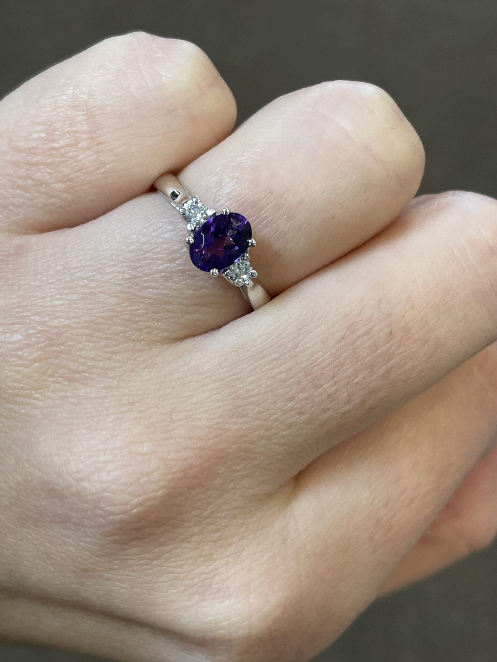 14k White Gold Genuine .70 Cttw Amethyst & Diamond 3 Stone Ring - Image 2