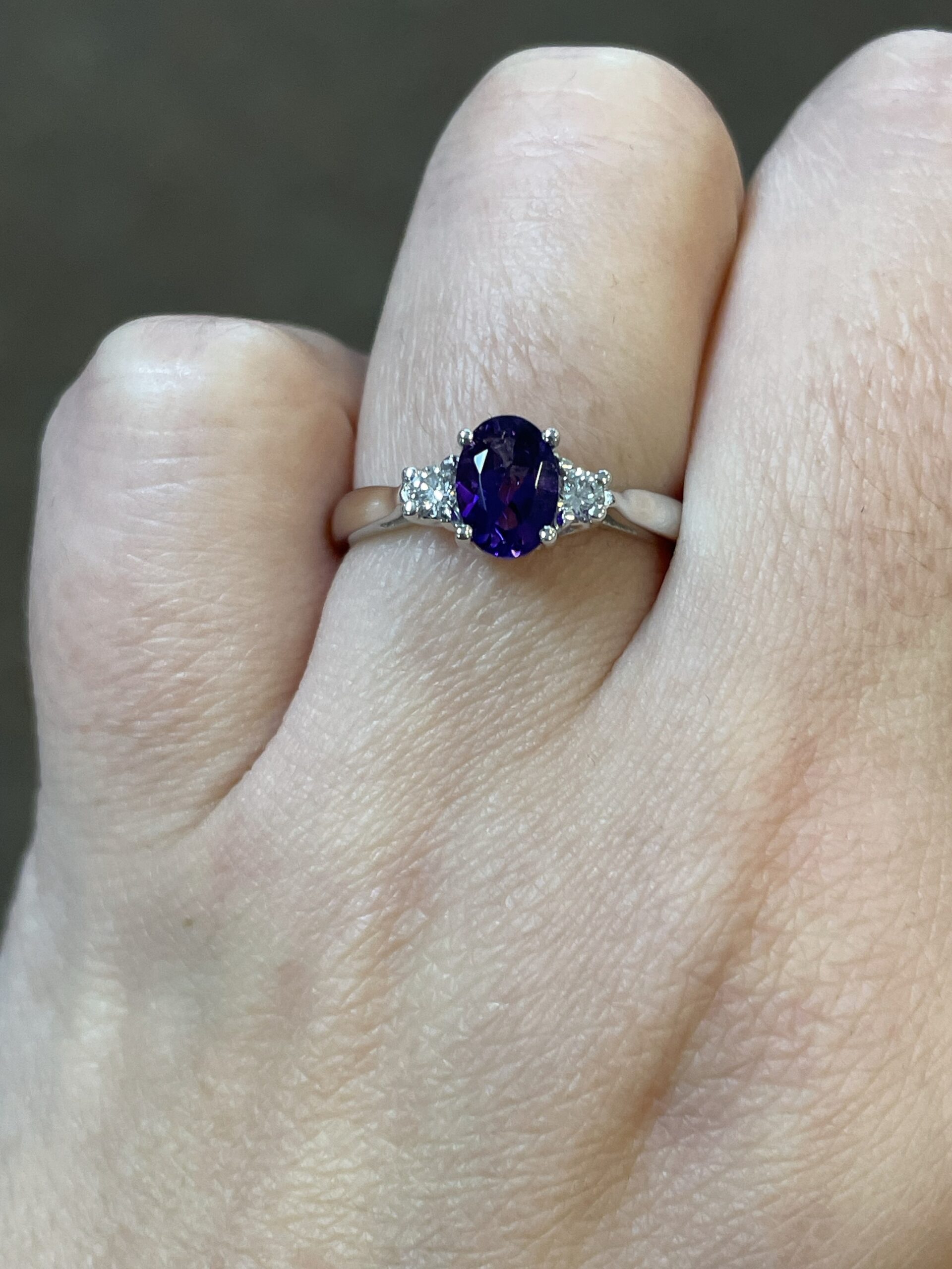 14k White Gold Genuine .70 Cttw Amethyst & Diamond 3 Stone Ring - Image 5