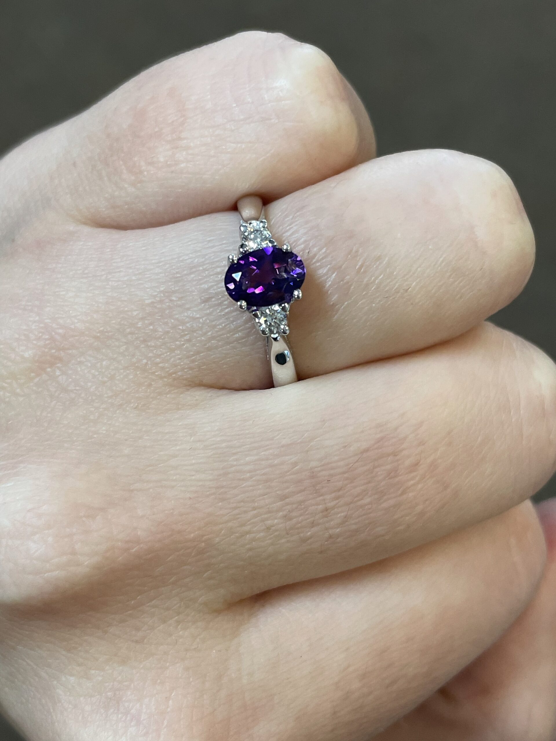 14k White Gold Genuine .70 Cttw Amethyst & Diamond 3 Stone Ring - Image 6