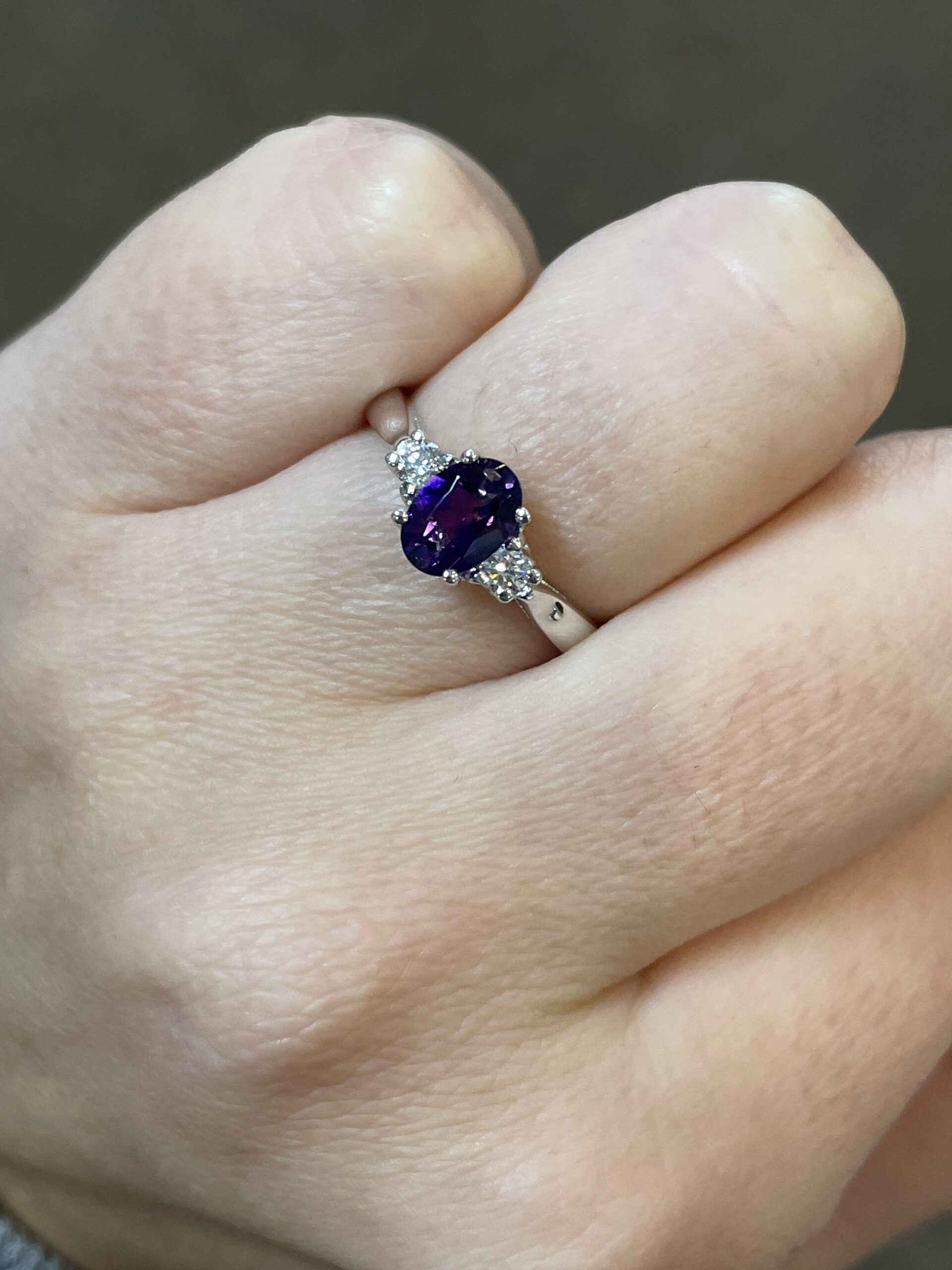 14k White Gold Genuine .70 Cttw Amethyst & Diamond 3 Stone Ring - Image 7
