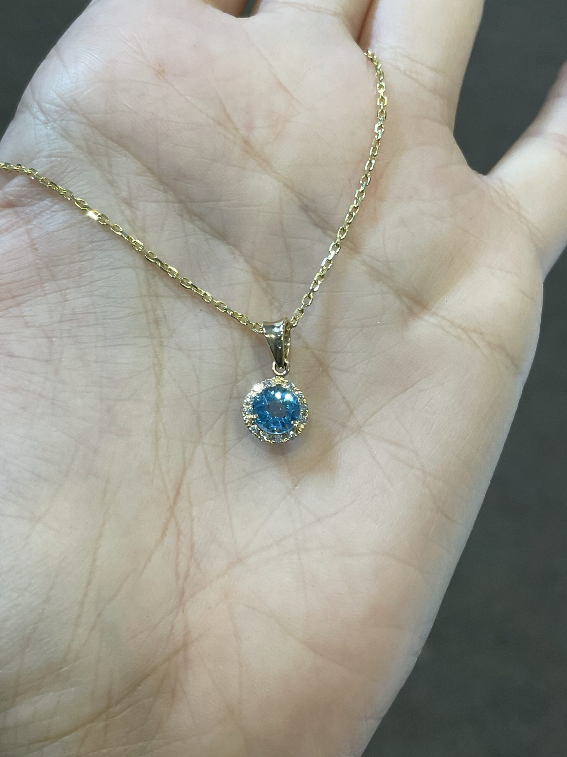 14k Yellow Gold Genuine 1 Cttw Swiss Blue Topaz & Diamond Halo Pendant