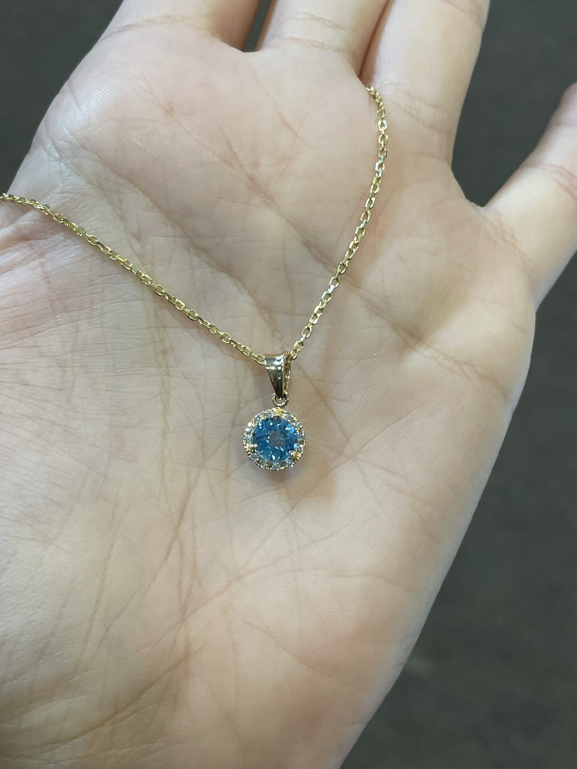 14k Yellow Gold Genuine 1 Cttw Swiss Blue Topaz & Diamond Halo Pendant - Image 2