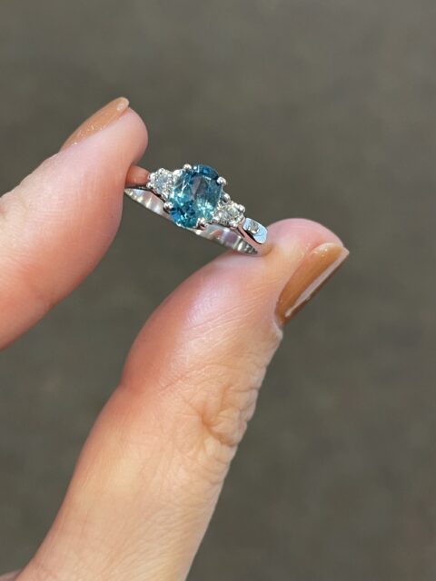 14k White Gold Genuine 1.22 Cttw Blue Zircon & Diamond 3 Stone Ring