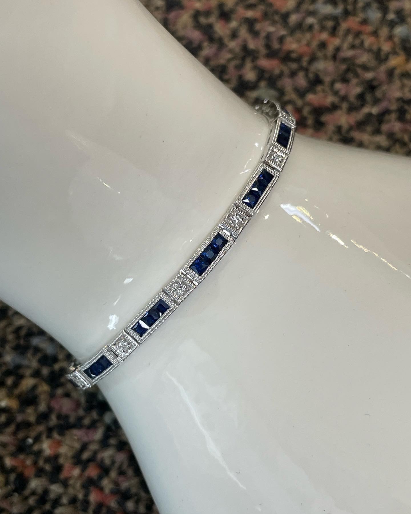 14k White Gold Genuine 3.48 Cttw Genuine Sapphire & .20 Cttw Genuine Round Brilliant Cut Diamond Bar Link Bracelet - Image 17