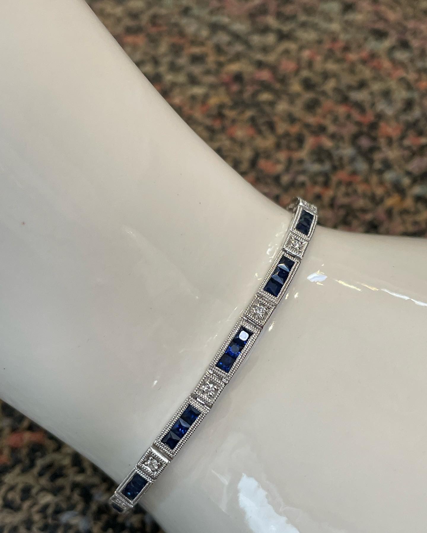 14k White Gold Genuine 3.48 Cttw Genuine Sapphire & .20 Cttw Genuine Round Brilliant Cut Diamond Bar Link Bracelet - Image 16