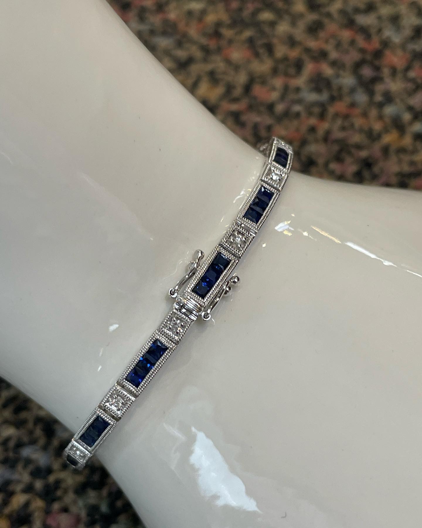 14k White Gold Genuine 3.48 Cttw Genuine Sapphire & .20 Cttw Genuine Round Brilliant Cut Diamond Bar Link Bracelet - Image 19