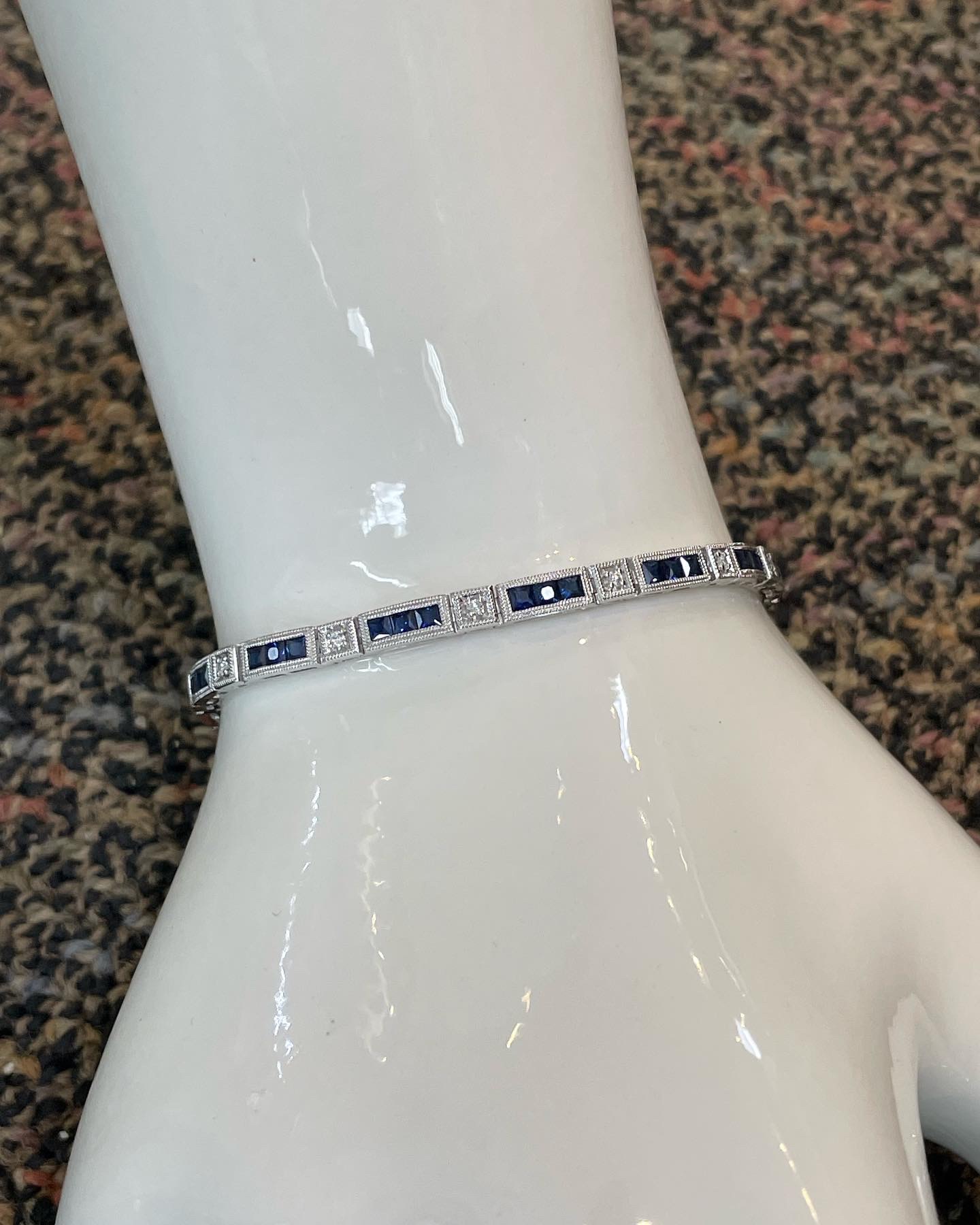 14k White Gold Genuine 3.48 Cttw Genuine Sapphire & .20 Cttw Genuine Round Brilliant Cut Diamond Bar Link Bracelet - Image 15