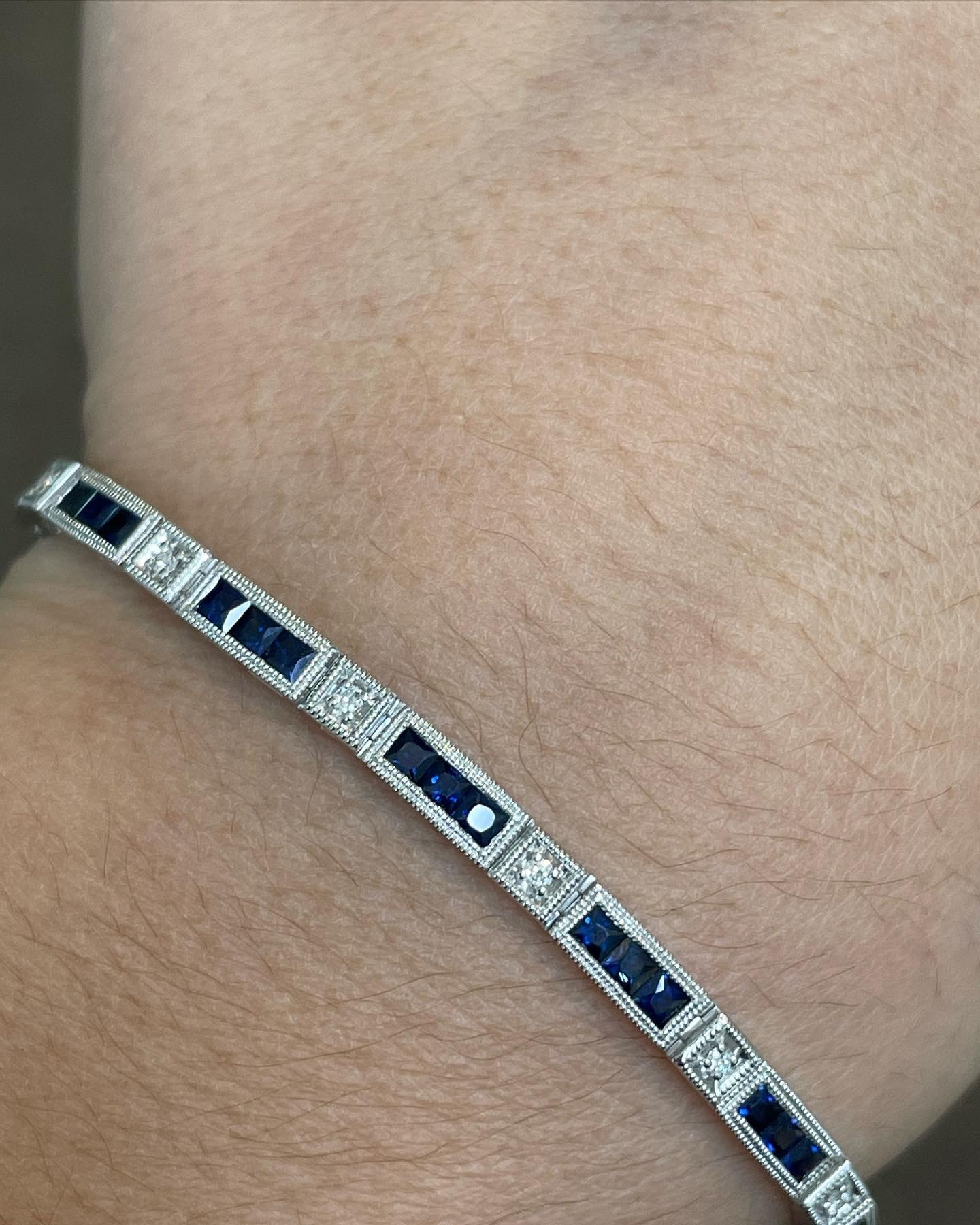 14k White Gold Genuine 3.48 Cttw Genuine Sapphire & .20 Cttw Genuine Round Brilliant Cut Diamond Bar Link Bracelet - Image 11