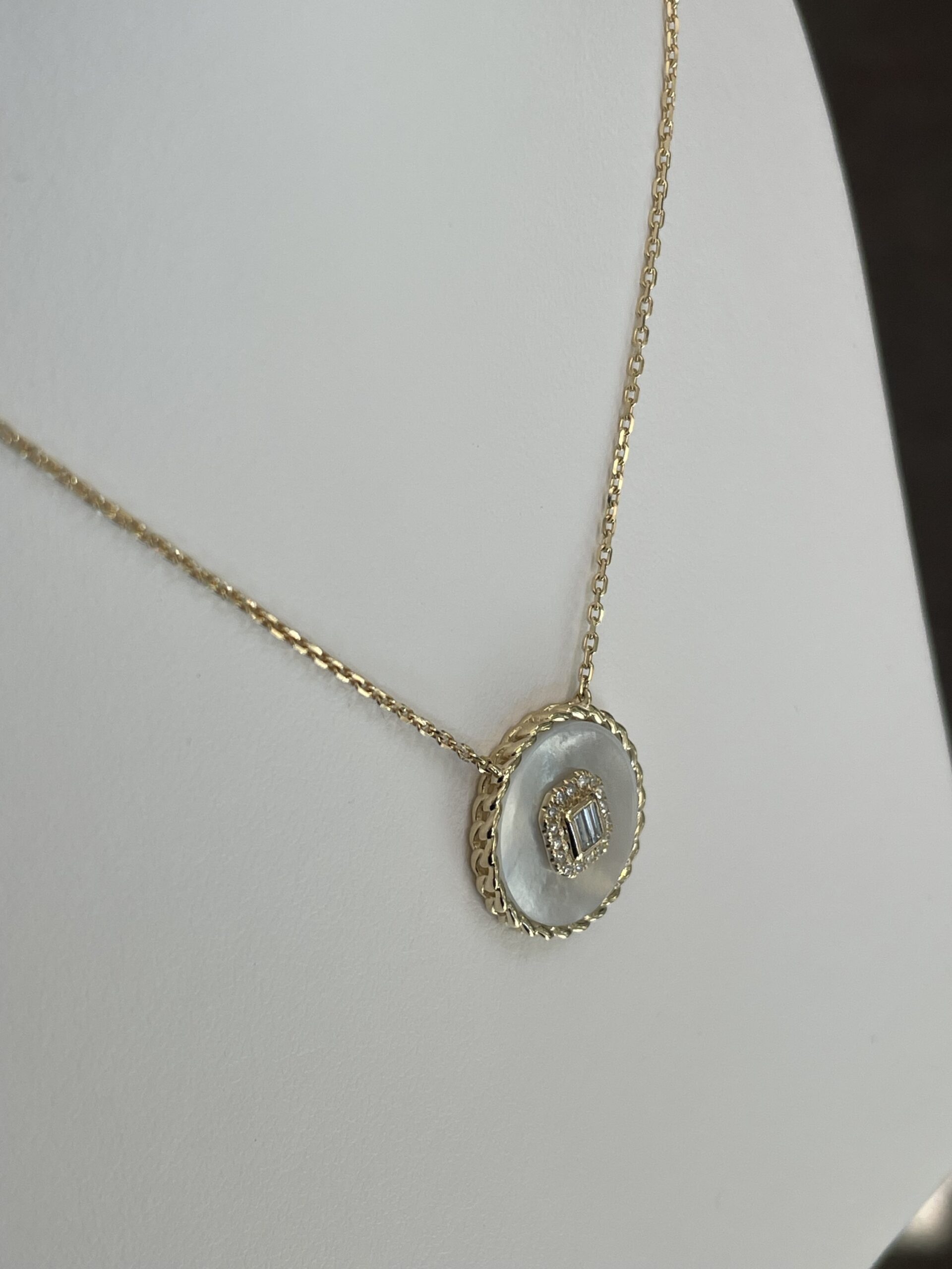 14k Yellow Gold Mother of Pearl & Diamond Disc Pendant - Image 11