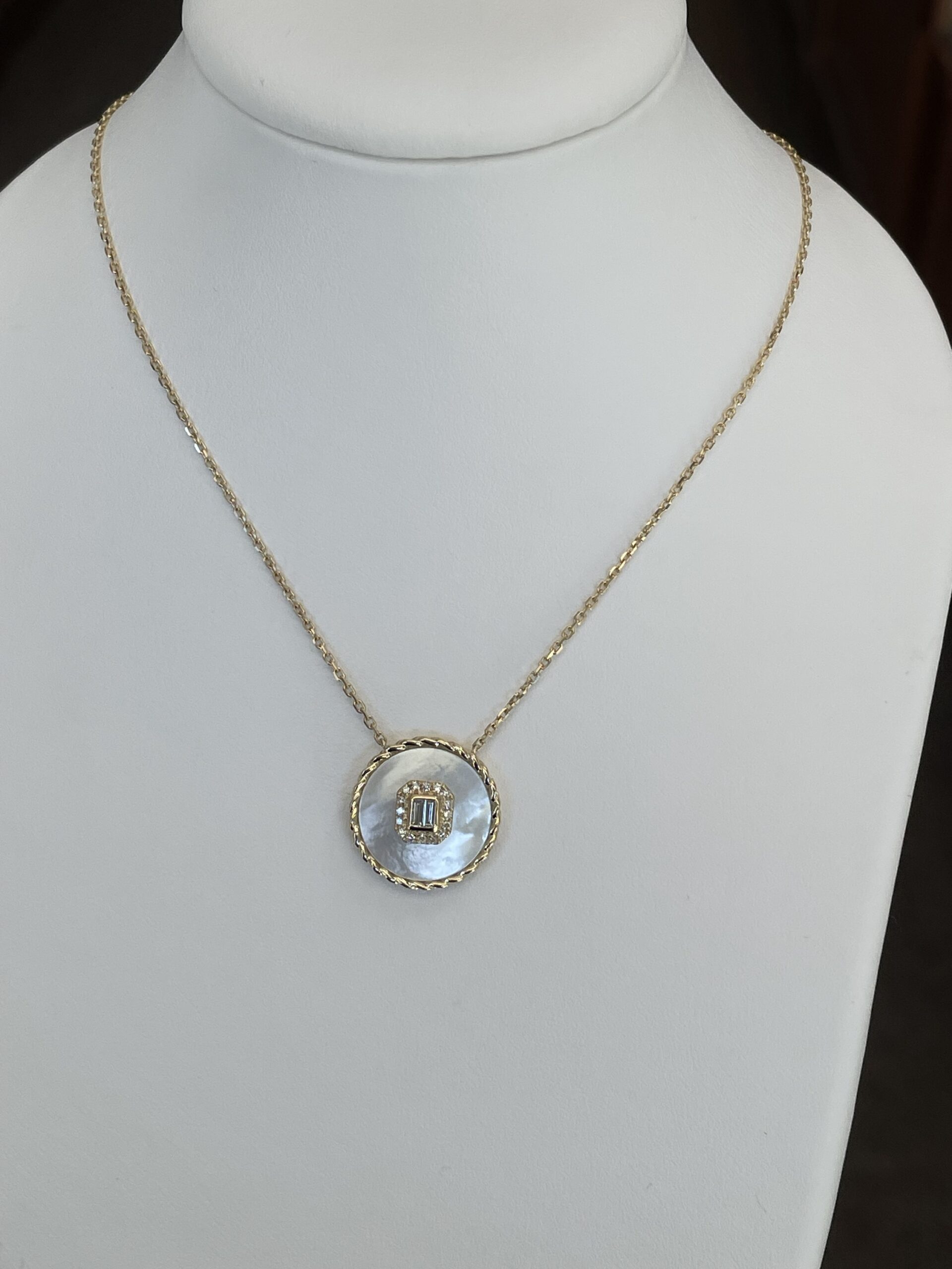14k Yellow Gold Mother of Pearl & Diamond Disc Pendant