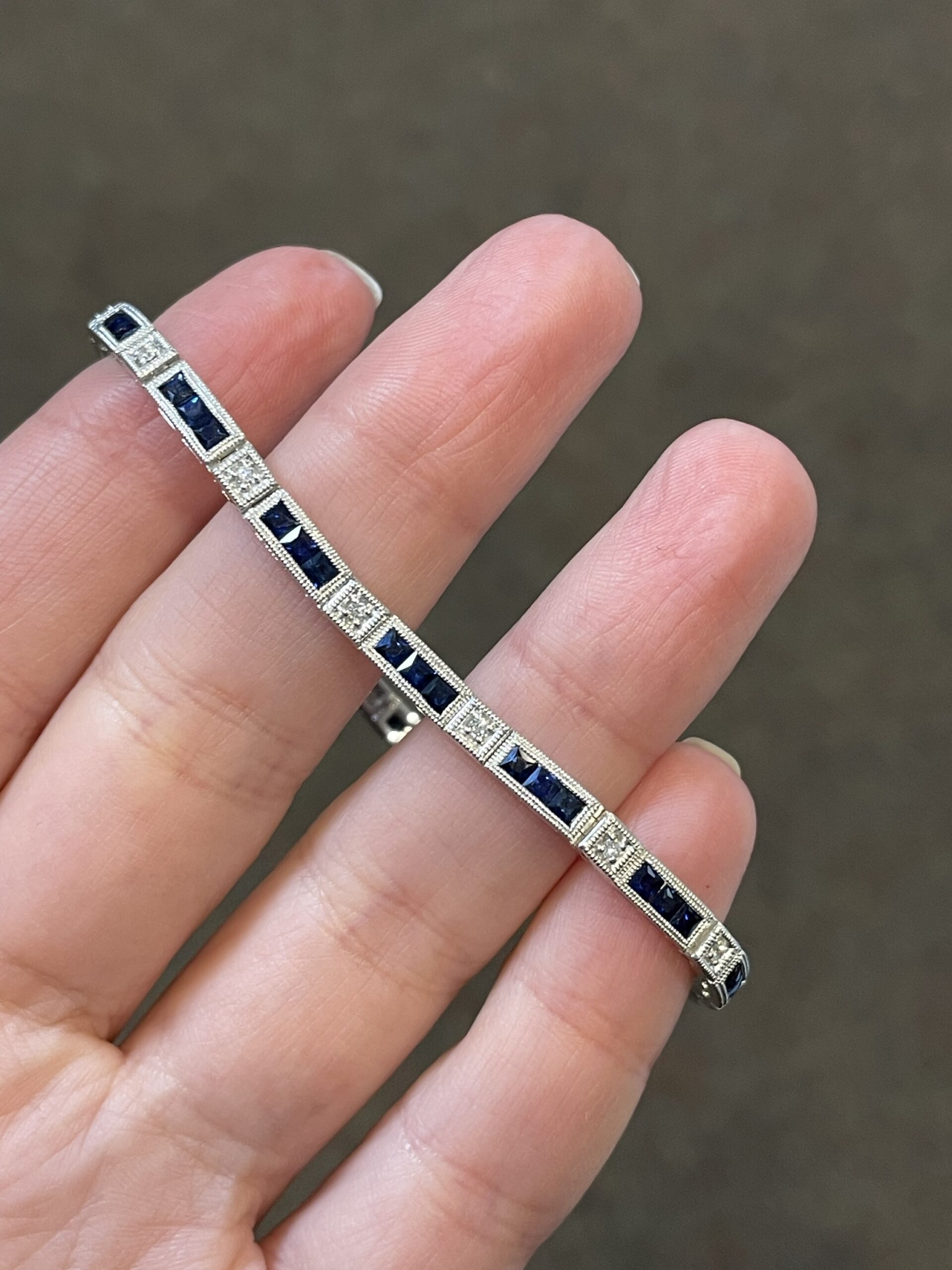 14k White Gold Genuine 3.48 Cttw Genuine Sapphire & .20 Cttw Genuine Round Brilliant Cut Diamond Bar Link Bracelet - Image 4