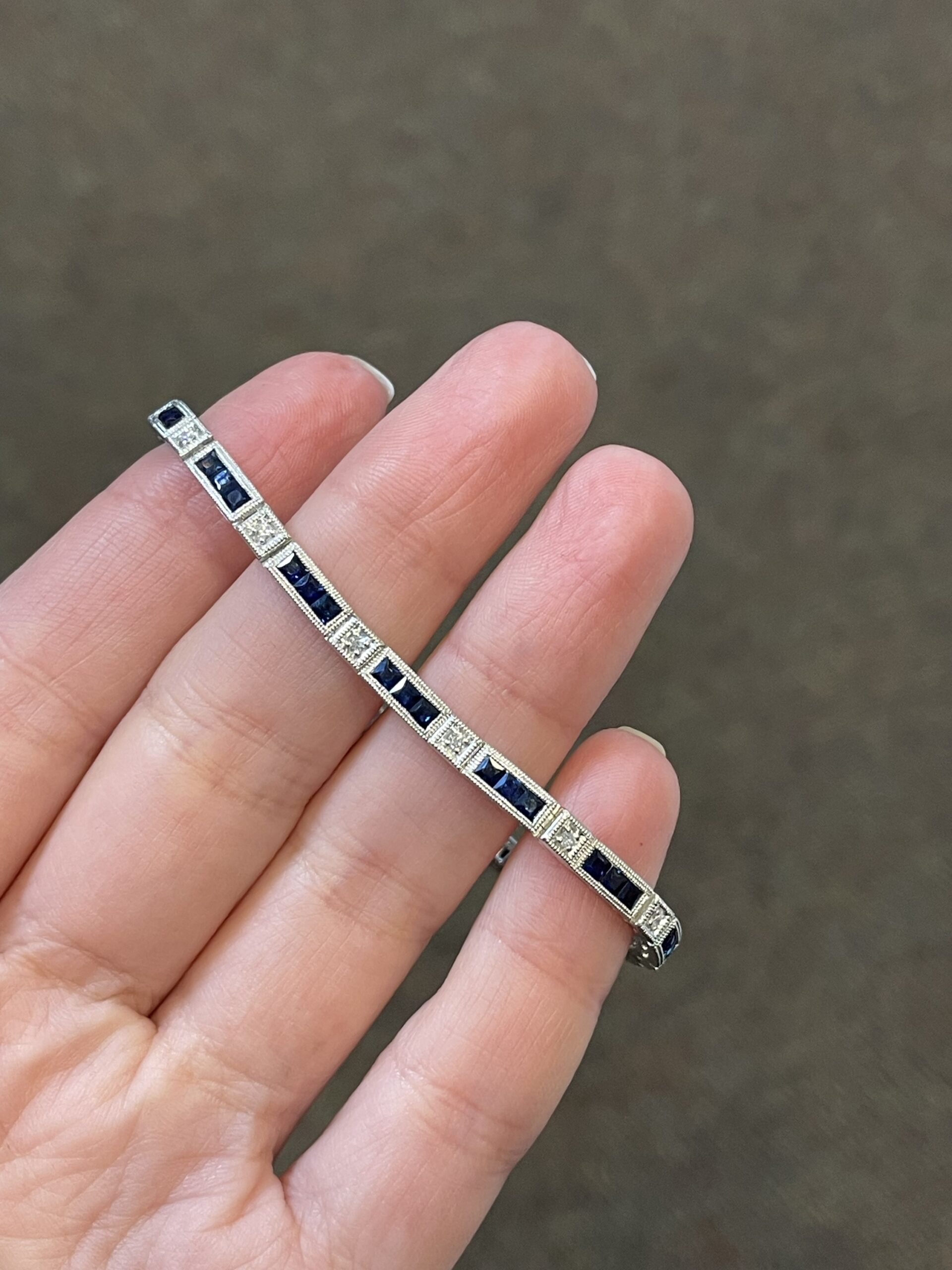 14k White Gold Genuine 3.48 Cttw Genuine Sapphire & .20 Cttw Genuine Round Brilliant Cut Diamond Bar Link Bracelet - Image 3