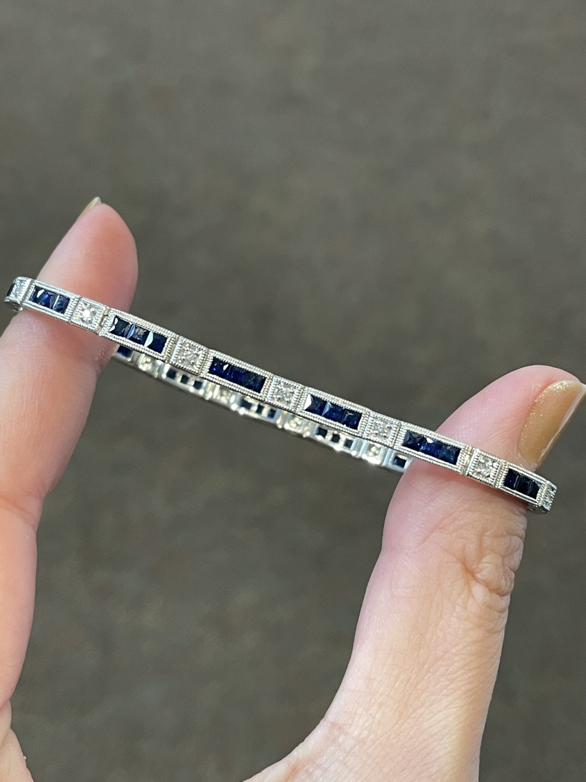 14k White Gold Genuine 3.48 Cttw Genuine Sapphire & .20 Cttw Genuine Round Brilliant Cut Diamond Bar Link Bracelet - Image 2