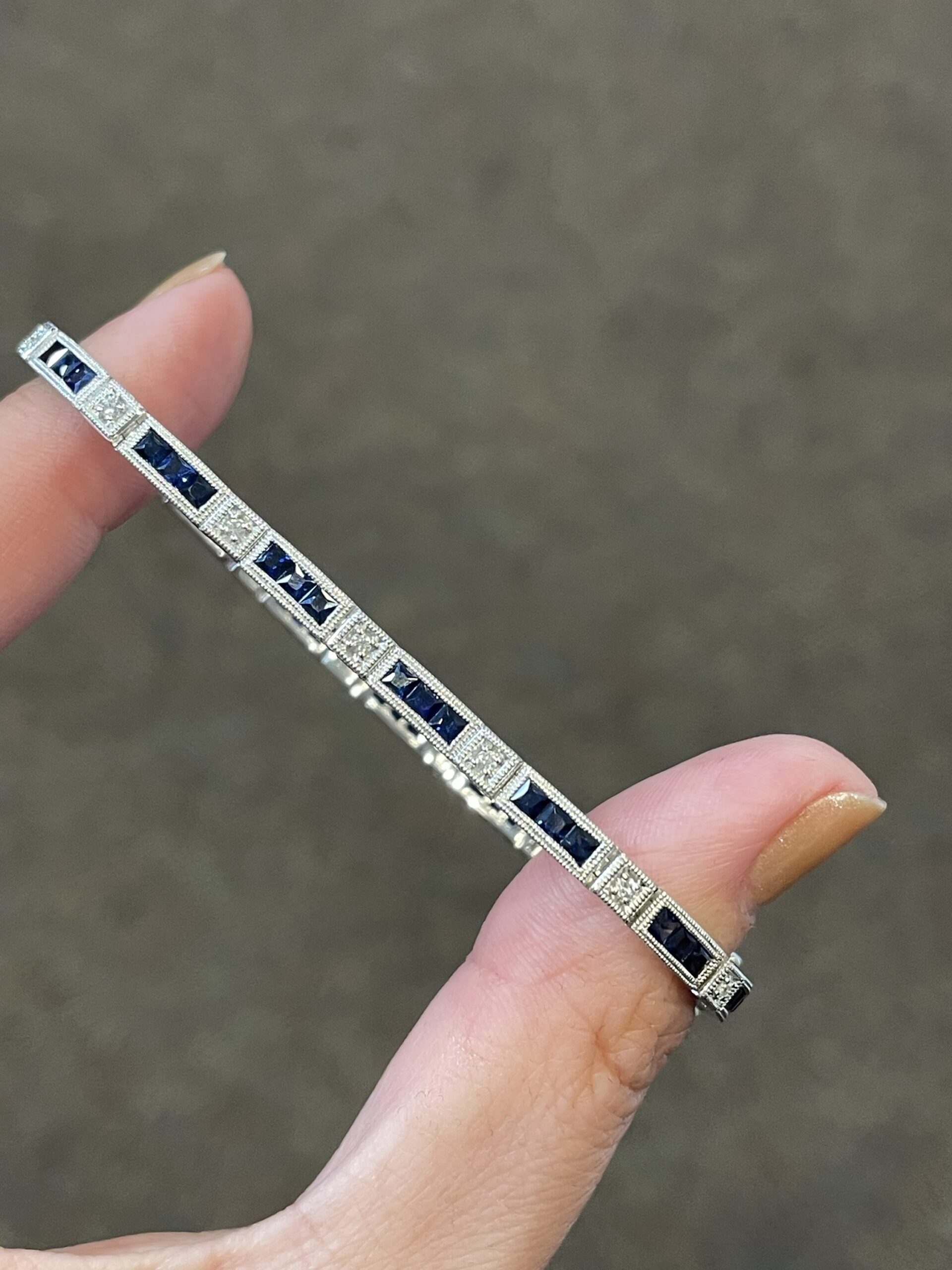 14k White Gold Genuine 3.48 Cttw Genuine Sapphire & .20 Cttw Genuine Round Brilliant Cut Diamond Bar Link Bracelet