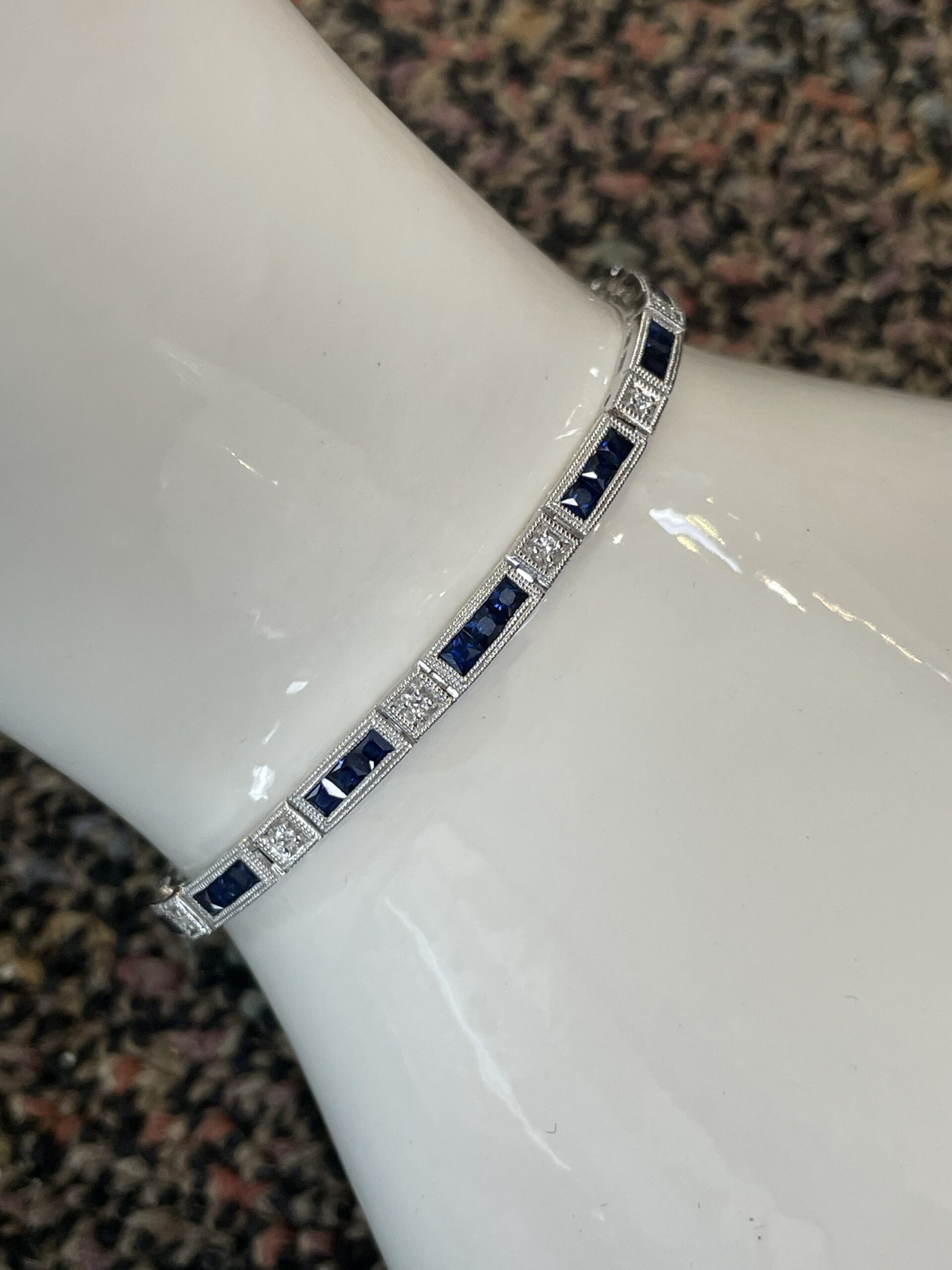 14k White Gold Genuine 3.48 Cttw Genuine Sapphire & .20 Cttw Genuine Round Brilliant Cut Diamond Bar Link Bracelet - Image 8