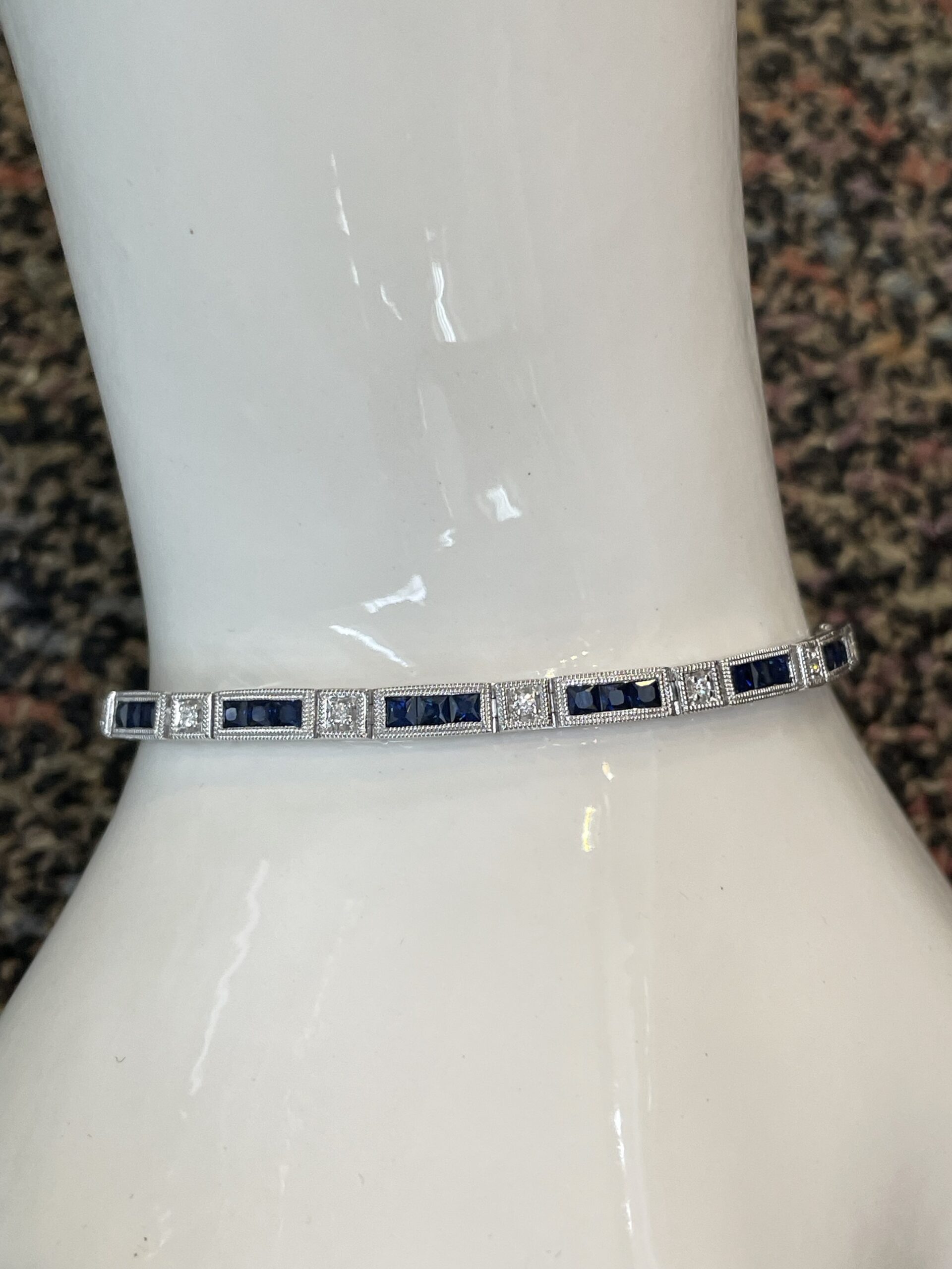 14k White Gold Genuine 3.48 Cttw Genuine Sapphire & .20 Cttw Genuine Round Brilliant Cut Diamond Bar Link Bracelet - Image 9