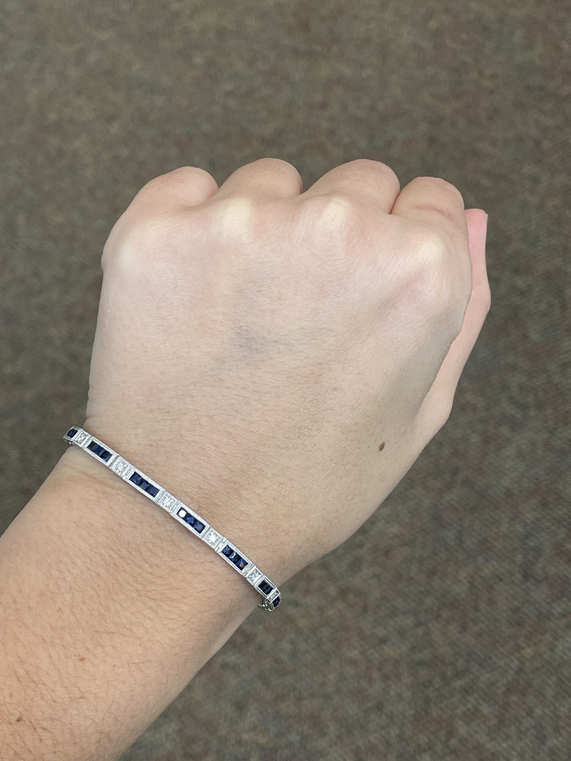 14k White Gold Genuine 3.48 Cttw Genuine Sapphire & .20 Cttw Genuine Round Brilliant Cut Diamond Bar Link Bracelet - Image 7