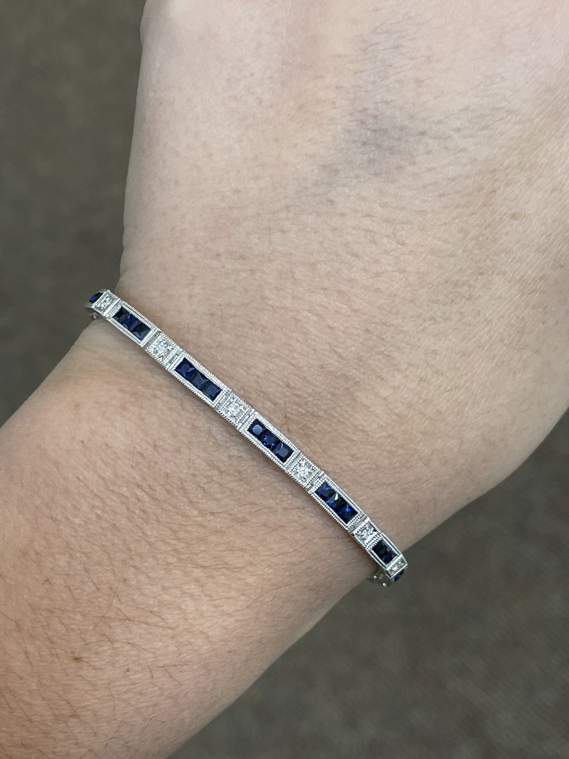 14k White Gold Genuine 3.48 Cttw Genuine Sapphire & .20 Cttw Genuine Round Brilliant Cut Diamond Bar Link Bracelet - Image 6