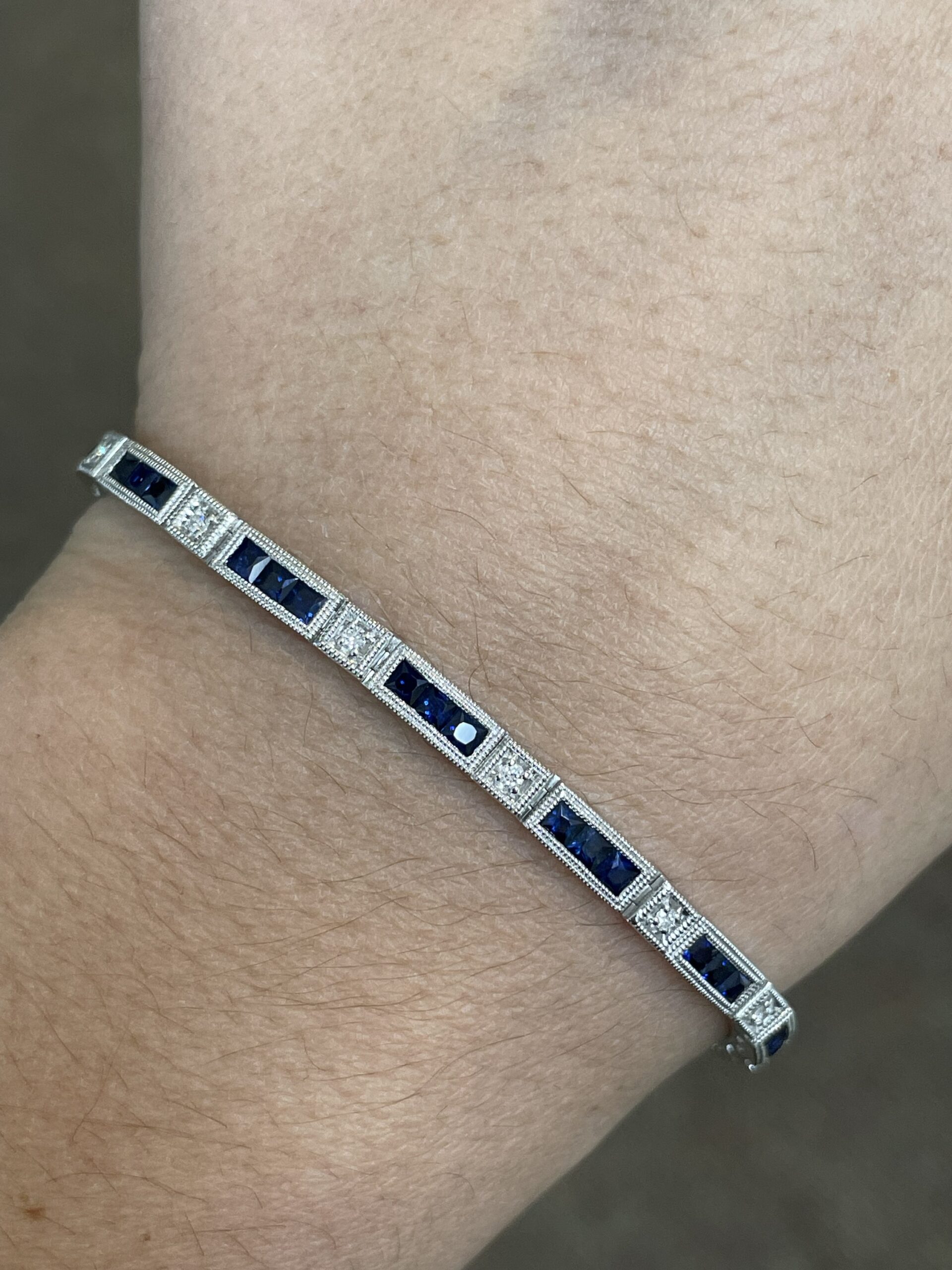 14k White Gold Genuine 3.48 Cttw Genuine Sapphire & .20 Cttw Genuine Round Brilliant Cut Diamond Bar Link Bracelet - Image 5