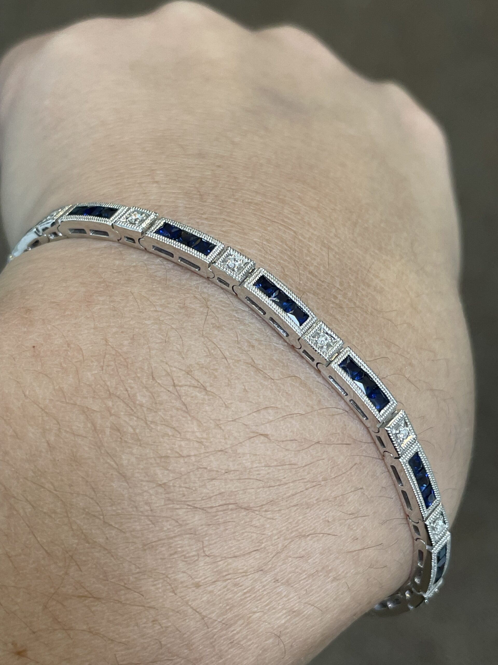 14k White Gold Genuine 3.48 Cttw Genuine Sapphire & .20 Cttw Genuine Round Brilliant Cut Diamond Bar Link Bracelet - Image 13