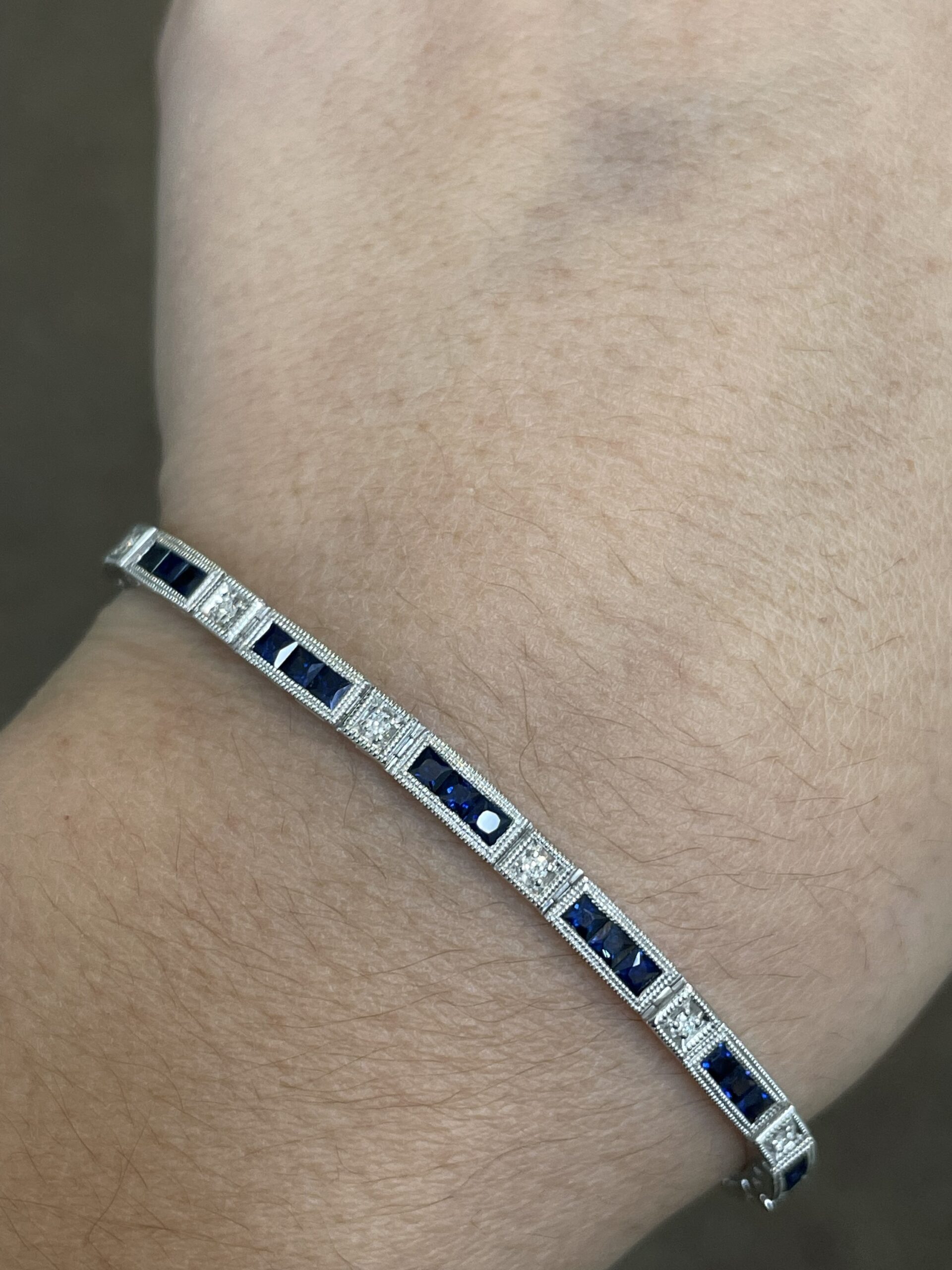 14k White Gold Genuine 3.48 Cttw Genuine Sapphire & .20 Cttw Genuine Round Brilliant Cut Diamond Bar Link Bracelet - Image 12