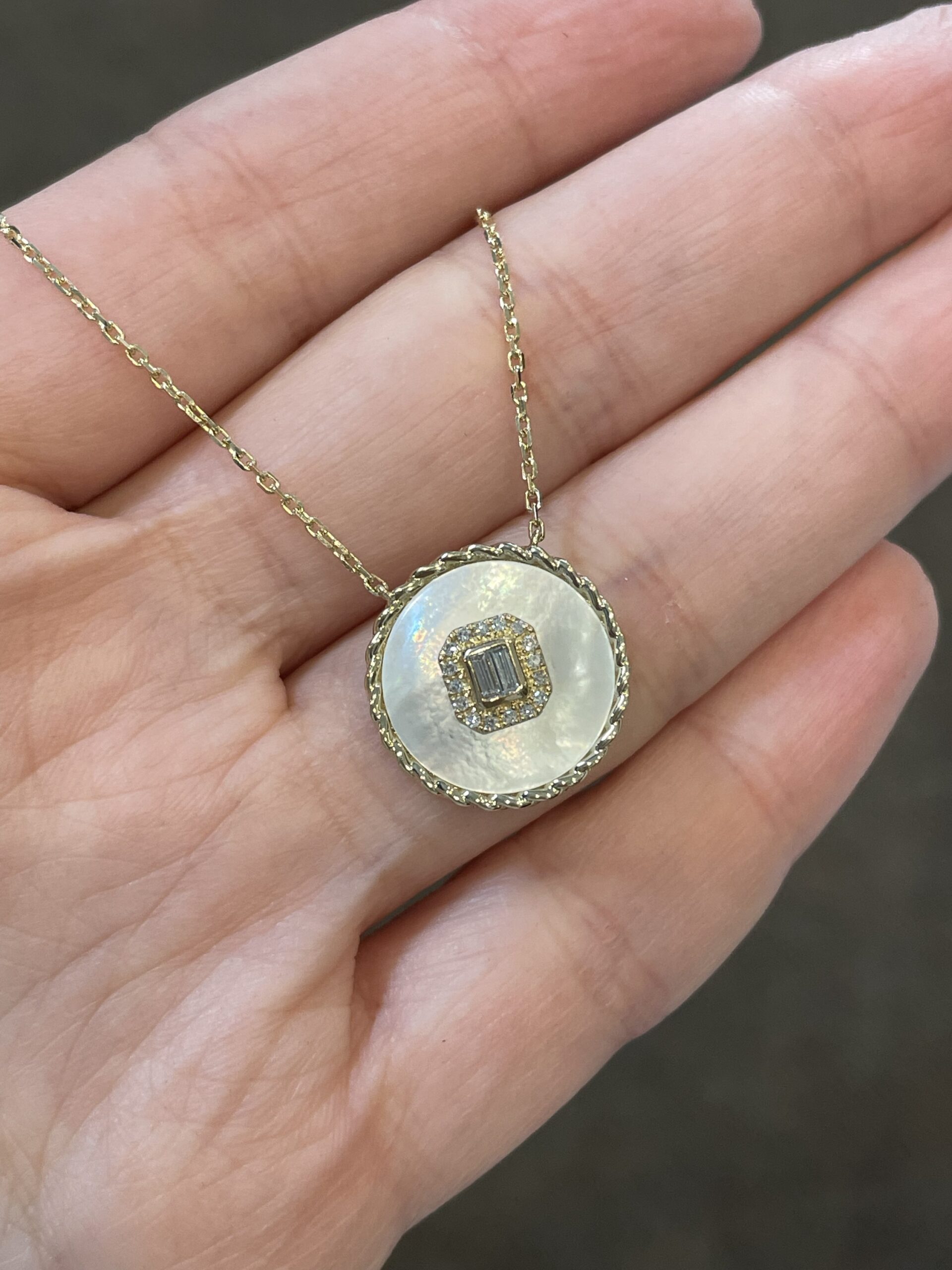 14k Yellow Gold Mother of Pearl & Diamond Disc Pendant - Image 16