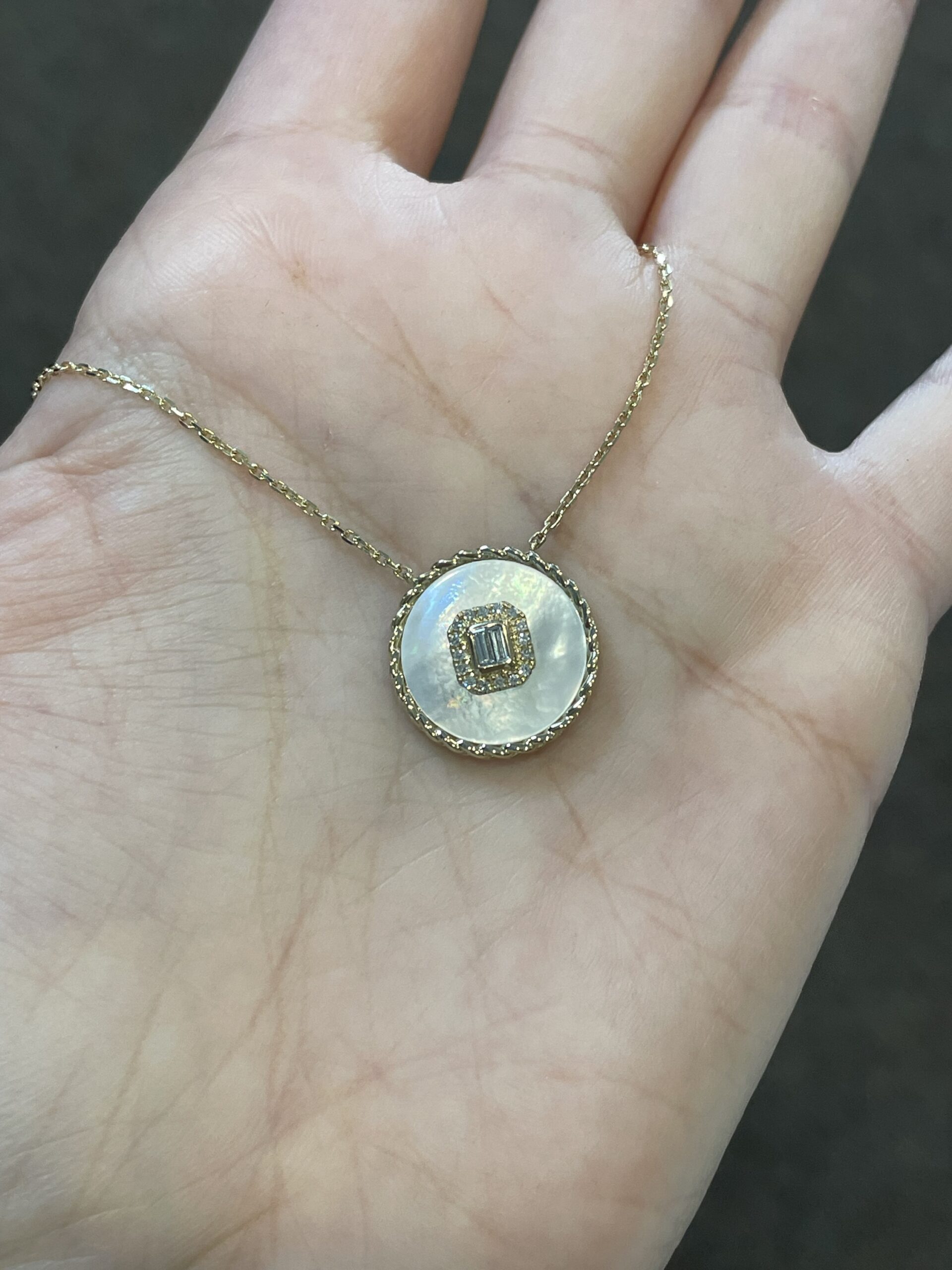 14k Yellow Gold Mother of Pearl & Diamond Disc Pendant - Image 18