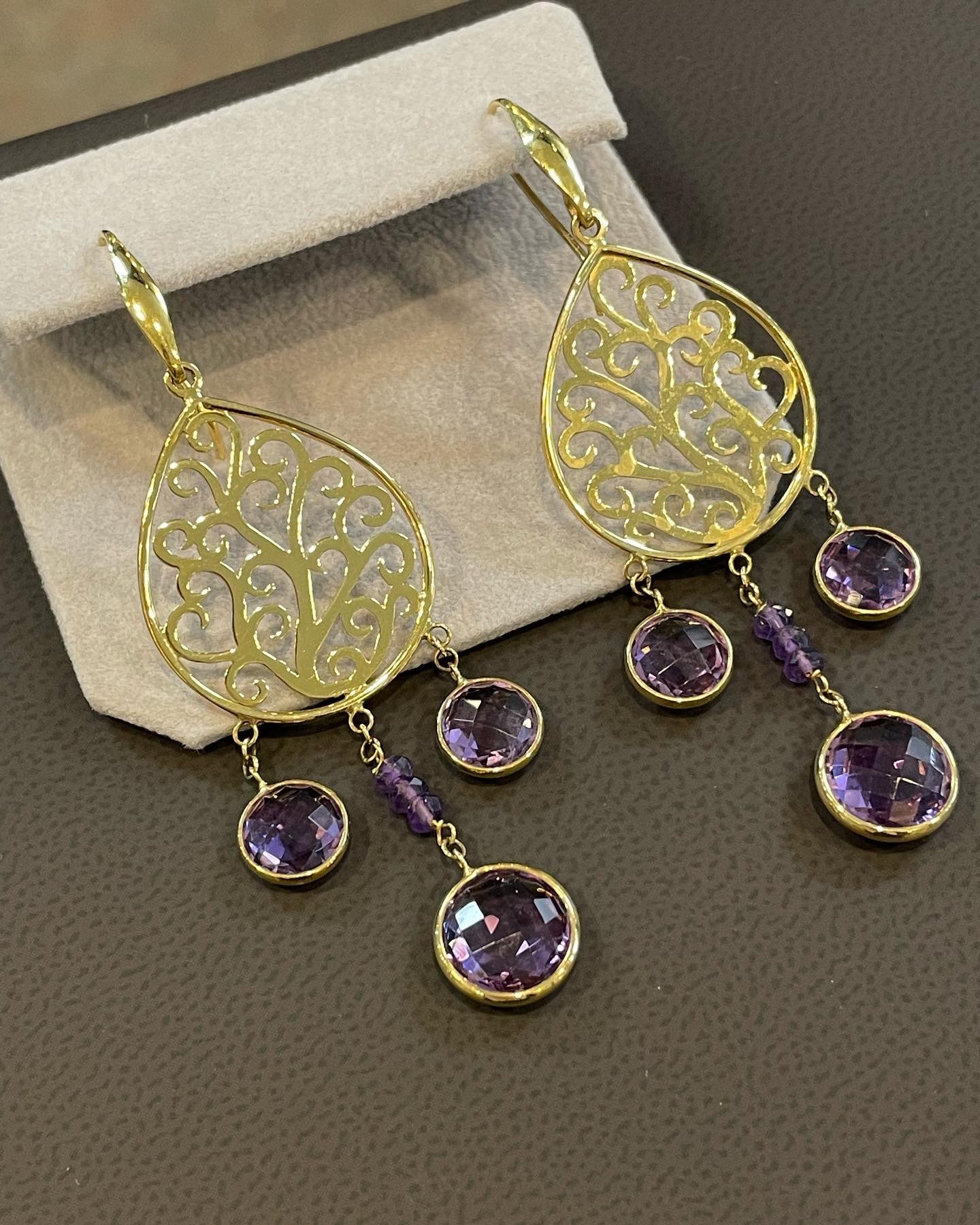 Handmade 18k Yellow Gold Genuine Amethyst Dangle Earrings From Italy - Image 2