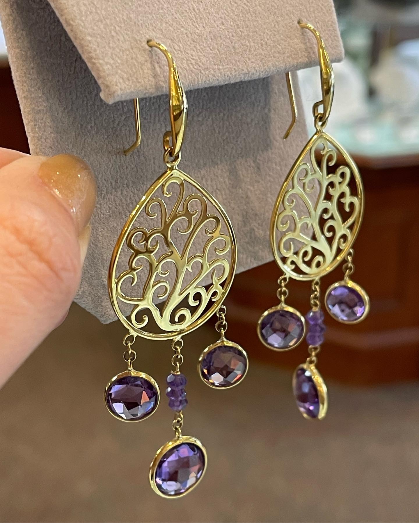 Handmade 18k Yellow Gold Genuine Amethyst Dangle Earrings From Italy - Image 4