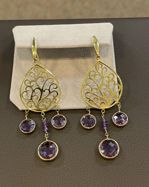 Handmade 18k Yellow Gold Genuine Amethyst Dangle Earrings From Italy