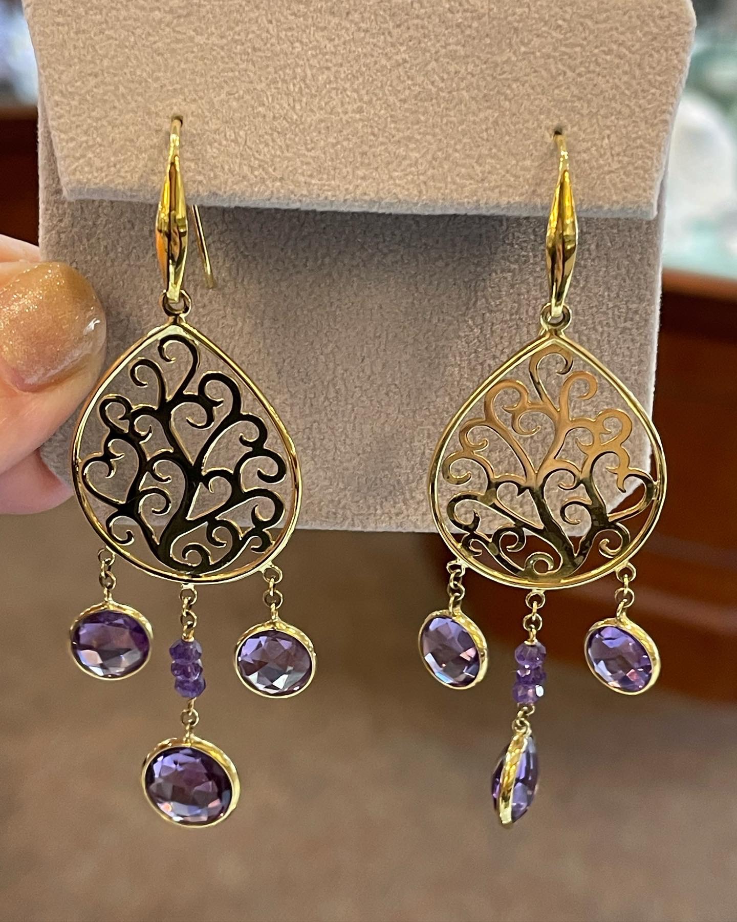 Handmade 18k Yellow Gold Genuine Amethyst Dangle Earrings From Italy - Image 3