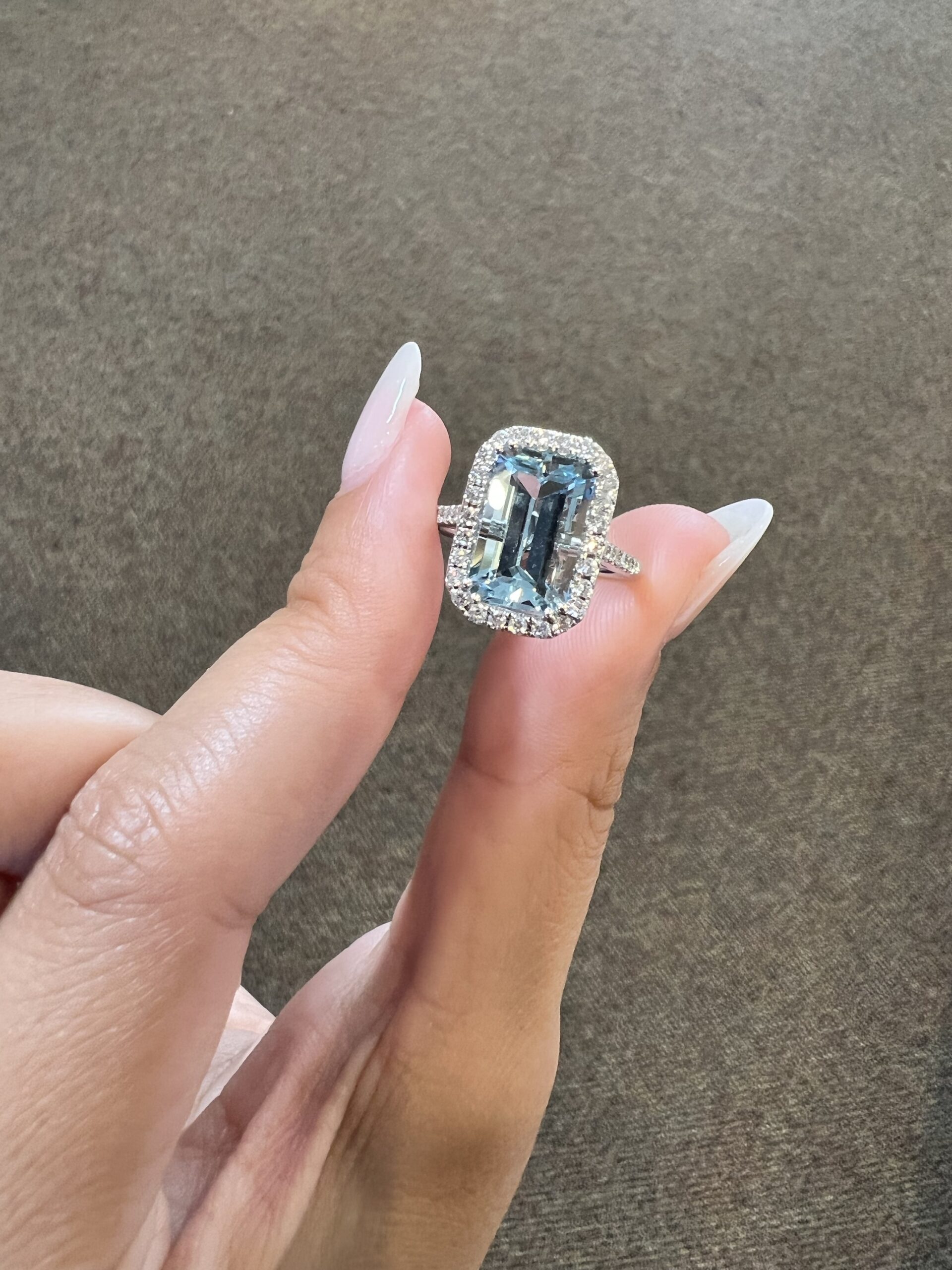 14k White Gold 3.00 Cttw Genuine Emerald Cut Aquamarine & Diamond Halo Ring - Image 9