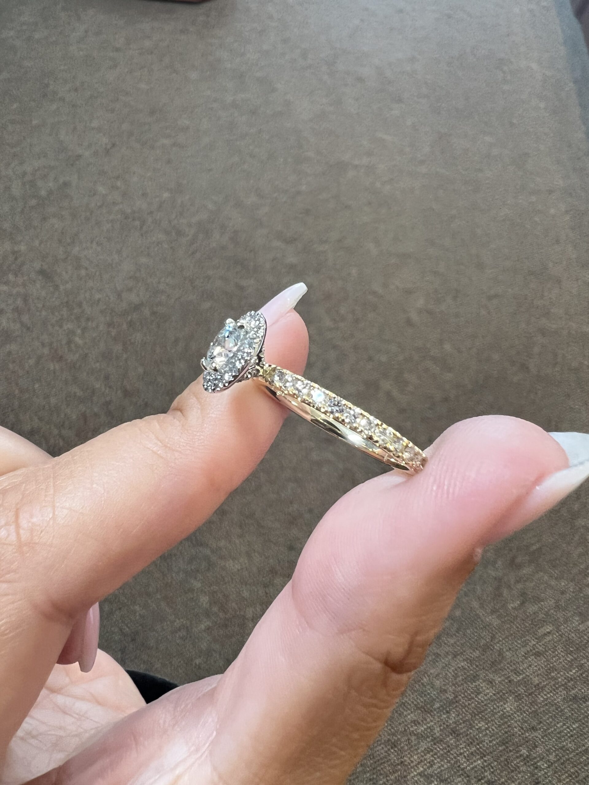 Custom Made 18k Yellow Gold & Platinum Genuine GIA Certified .80 Carat Round Brilliant Cut Diamond Halo Ring - Image 4