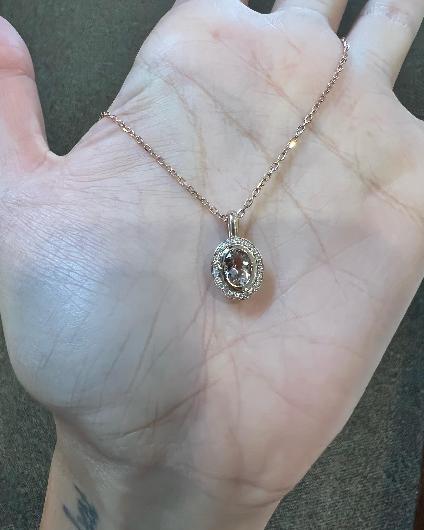 14k Rose Gold Oval Shaped Genuine Morganite & Diamond Bezel Set Halo Pendant - Image 24