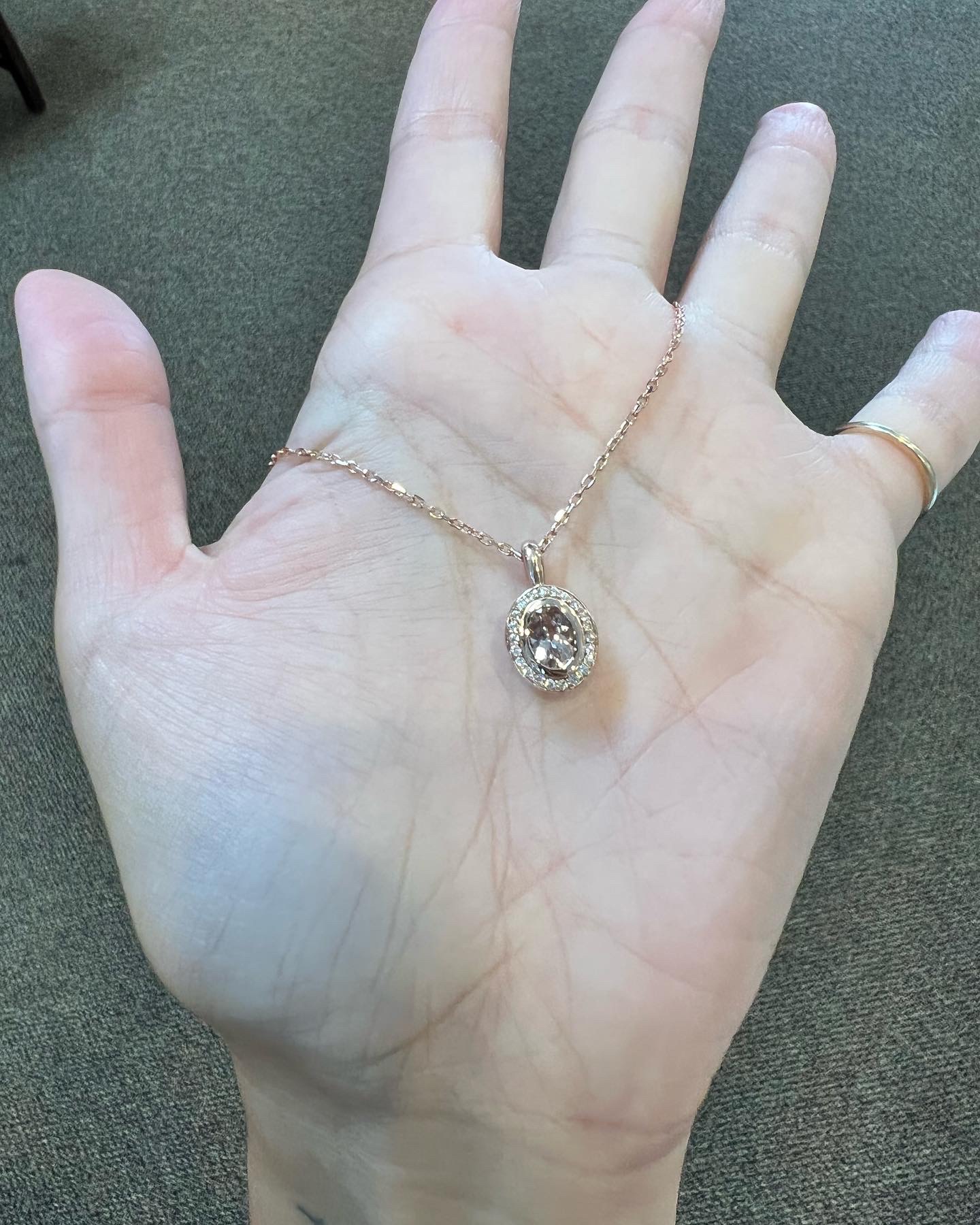 14k Rose Gold Oval Shaped Genuine Morganite & Diamond Bezel Set Halo Pendant - Image 26