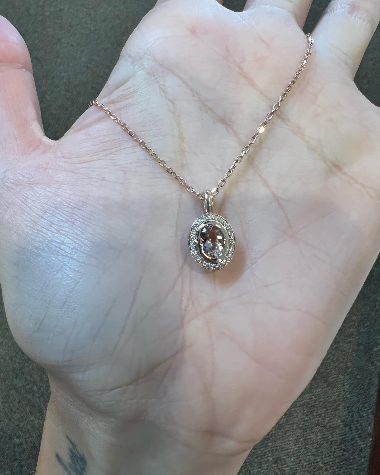 14k Rose Gold Oval Shaped Genuine Morganite & Diamond Bezel Set Halo Pendant - Image 22