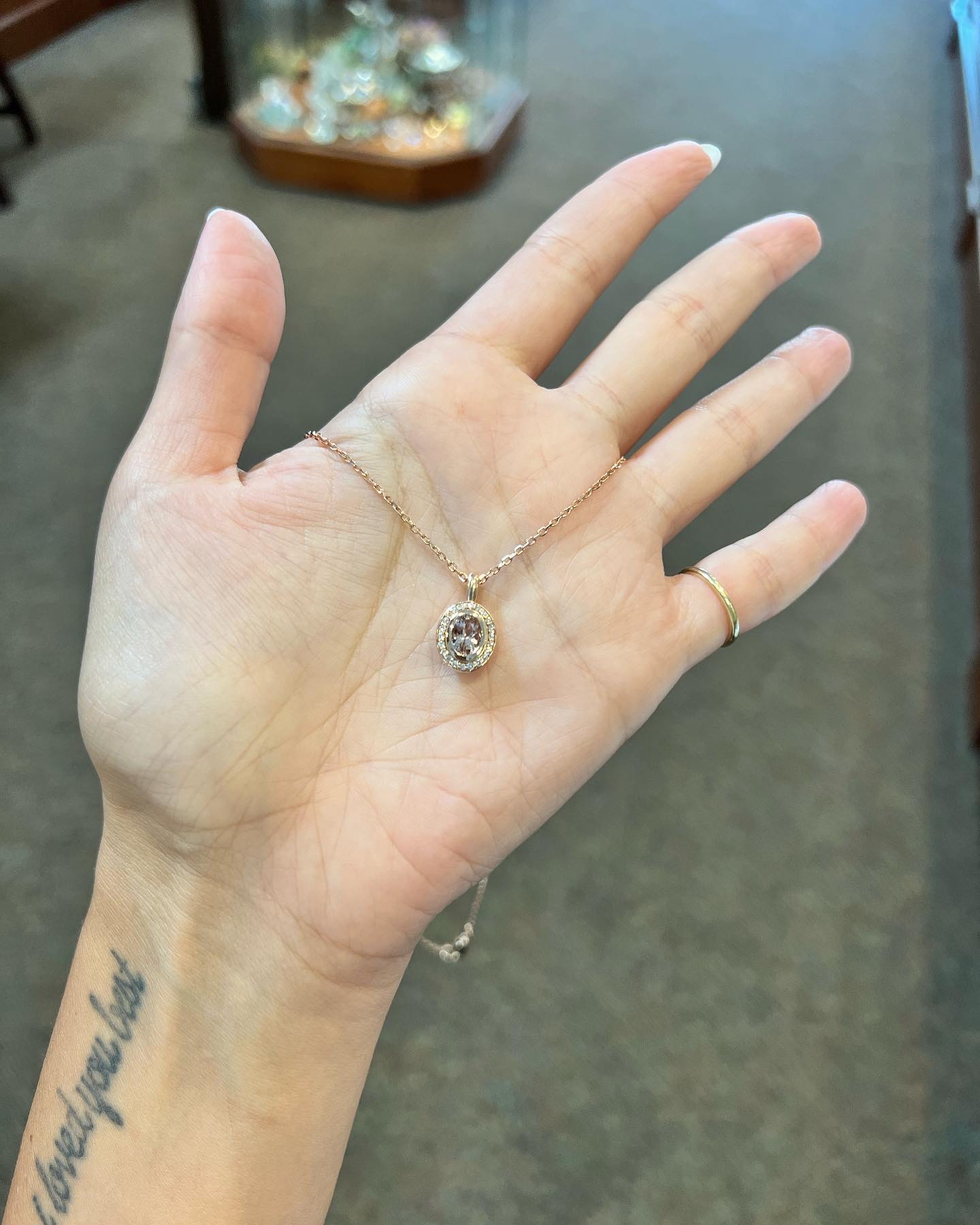 14k Rose Gold Oval Shaped Genuine Morganite & Diamond Bezel Set Halo Pendant - Image 27