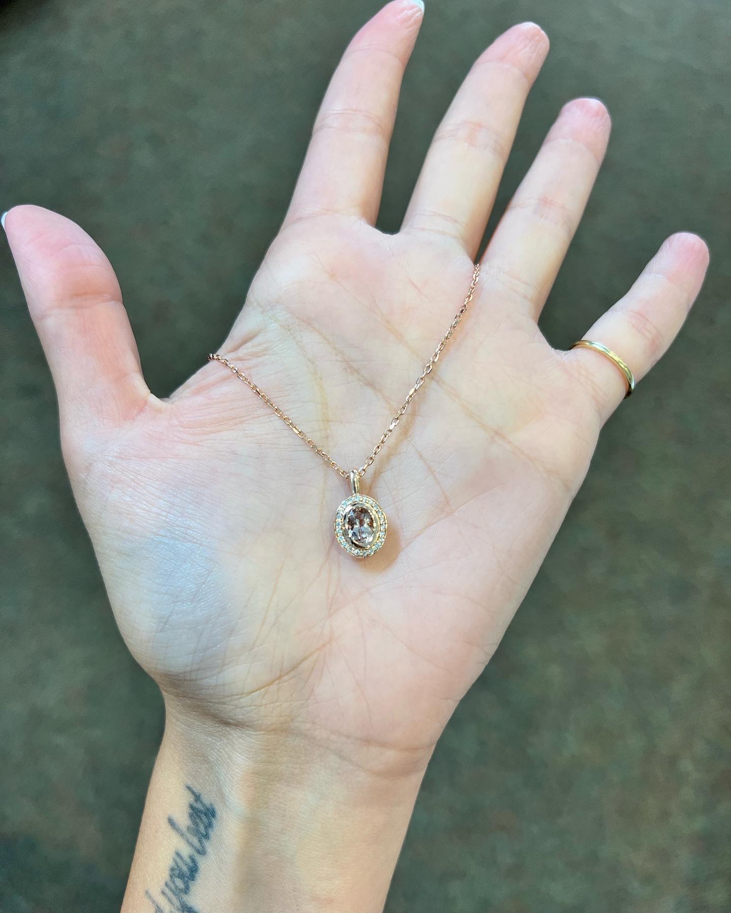 14k Rose Gold Oval Shaped Genuine Morganite & Diamond Bezel Set Halo Pendant - Image 21