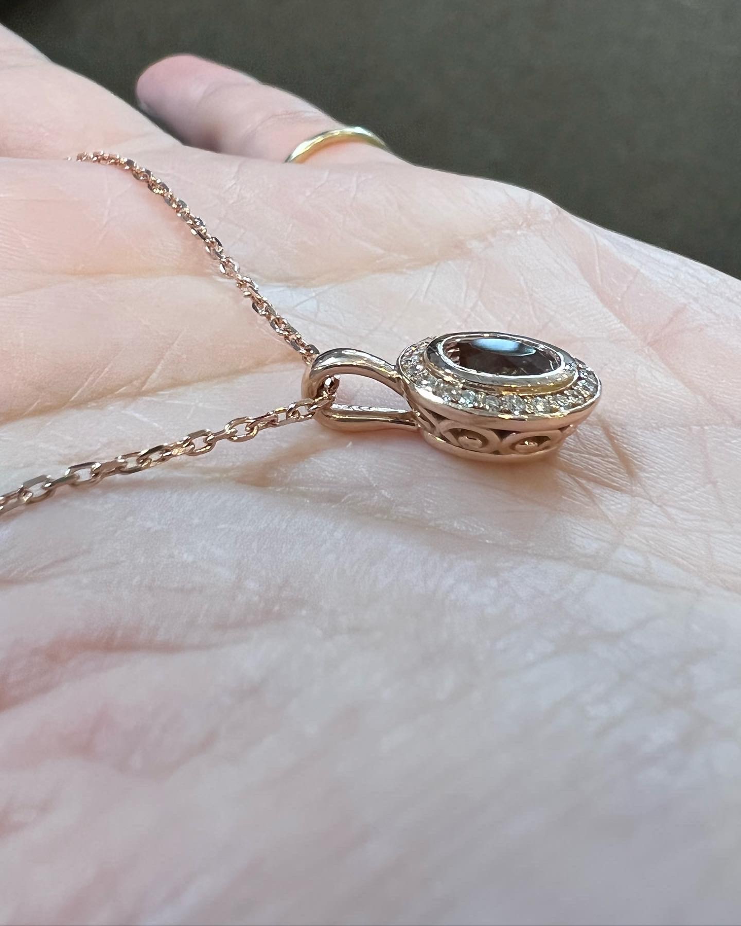 14k Rose Gold Oval Shaped Genuine Morganite & Diamond Bezel Set Halo Pendant - Image 29