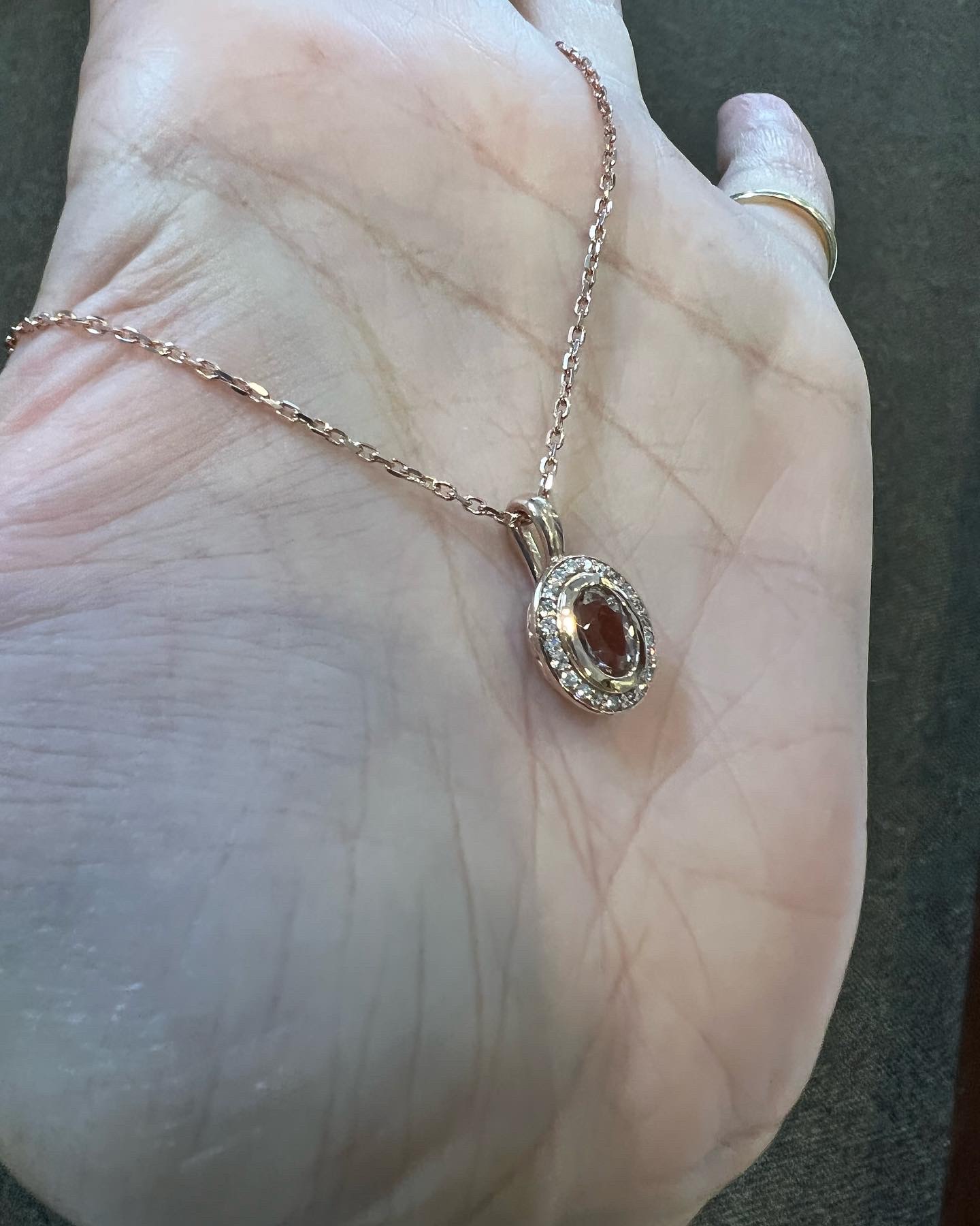 14k Rose Gold Oval Shaped Genuine Morganite & Diamond Bezel Set Halo Pendant - Image 28