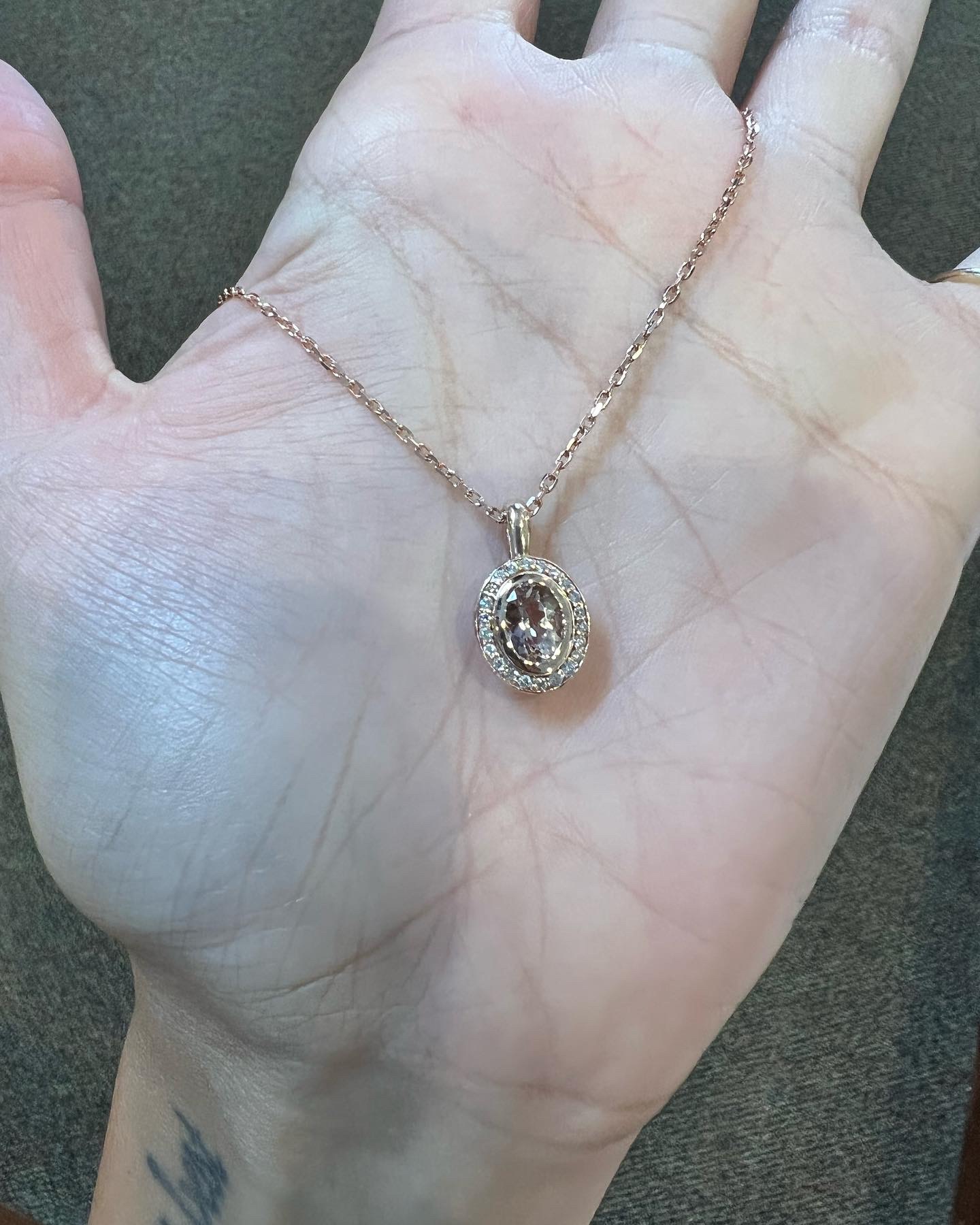 14k Rose Gold Oval Shaped Genuine Morganite & Diamond Bezel Set Halo Pendant - Image 23