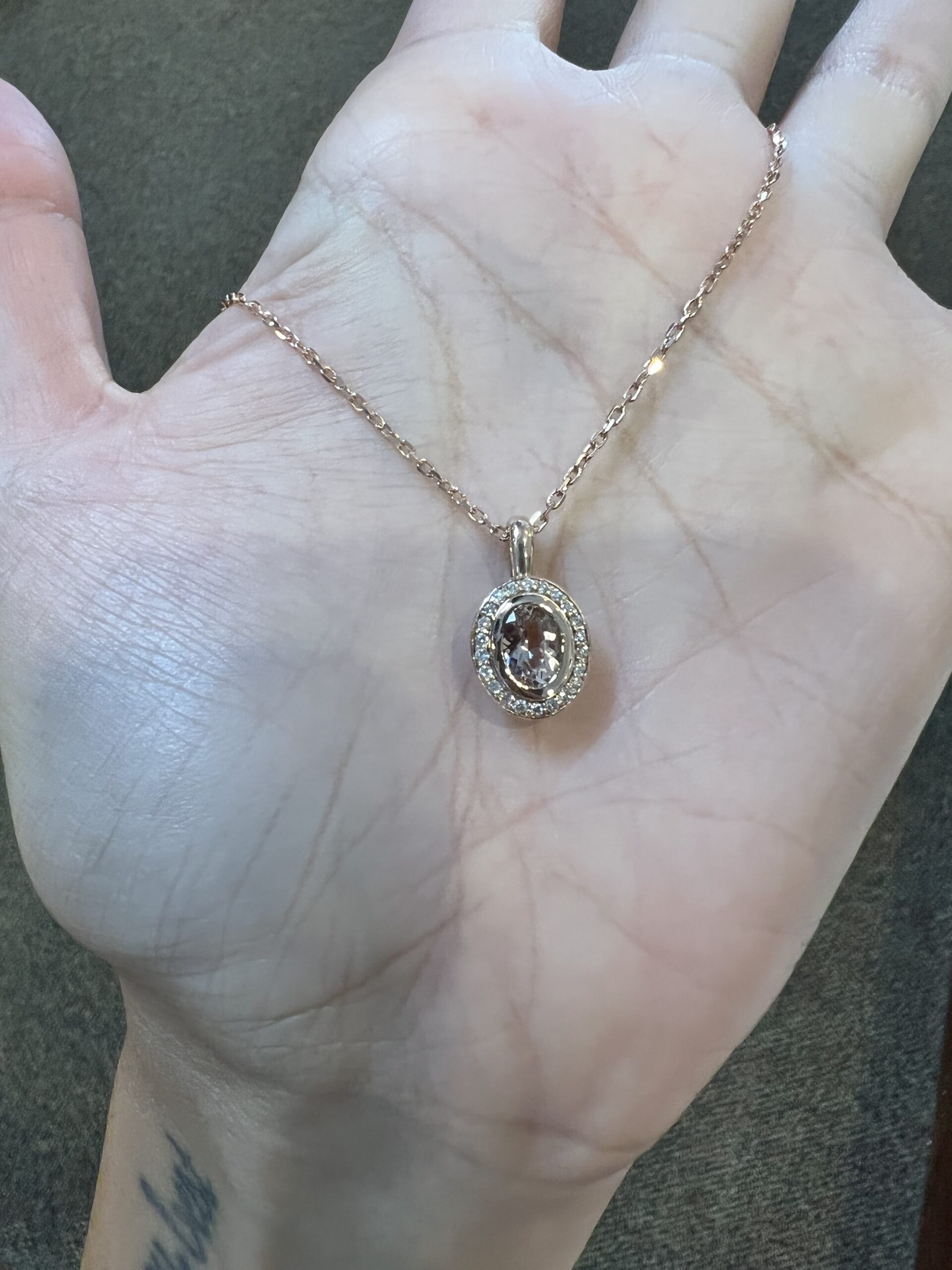 14k Rose Gold Oval Shaped Genuine Morganite & Diamond Bezel Set Halo Pendant - Image 2