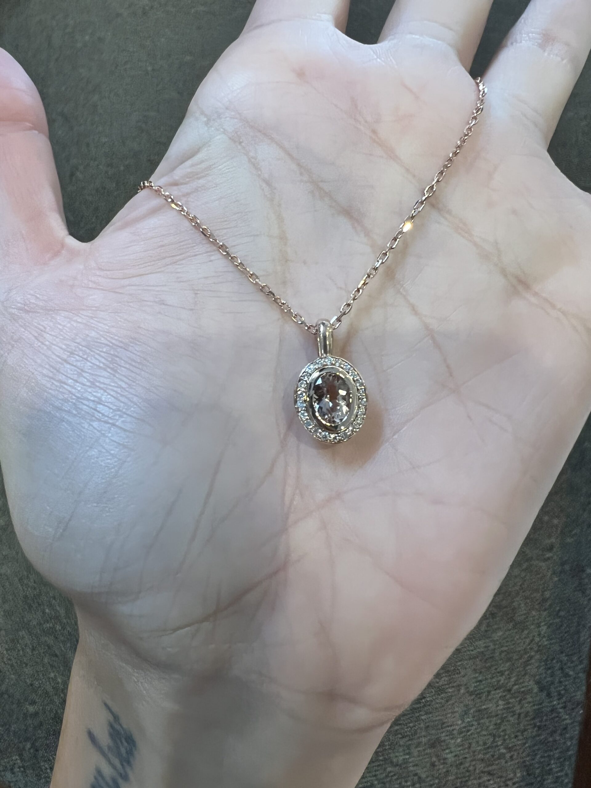 14k Rose Gold Oval Shaped Genuine Morganite & Diamond Bezel Set Halo Pendant - Image 4