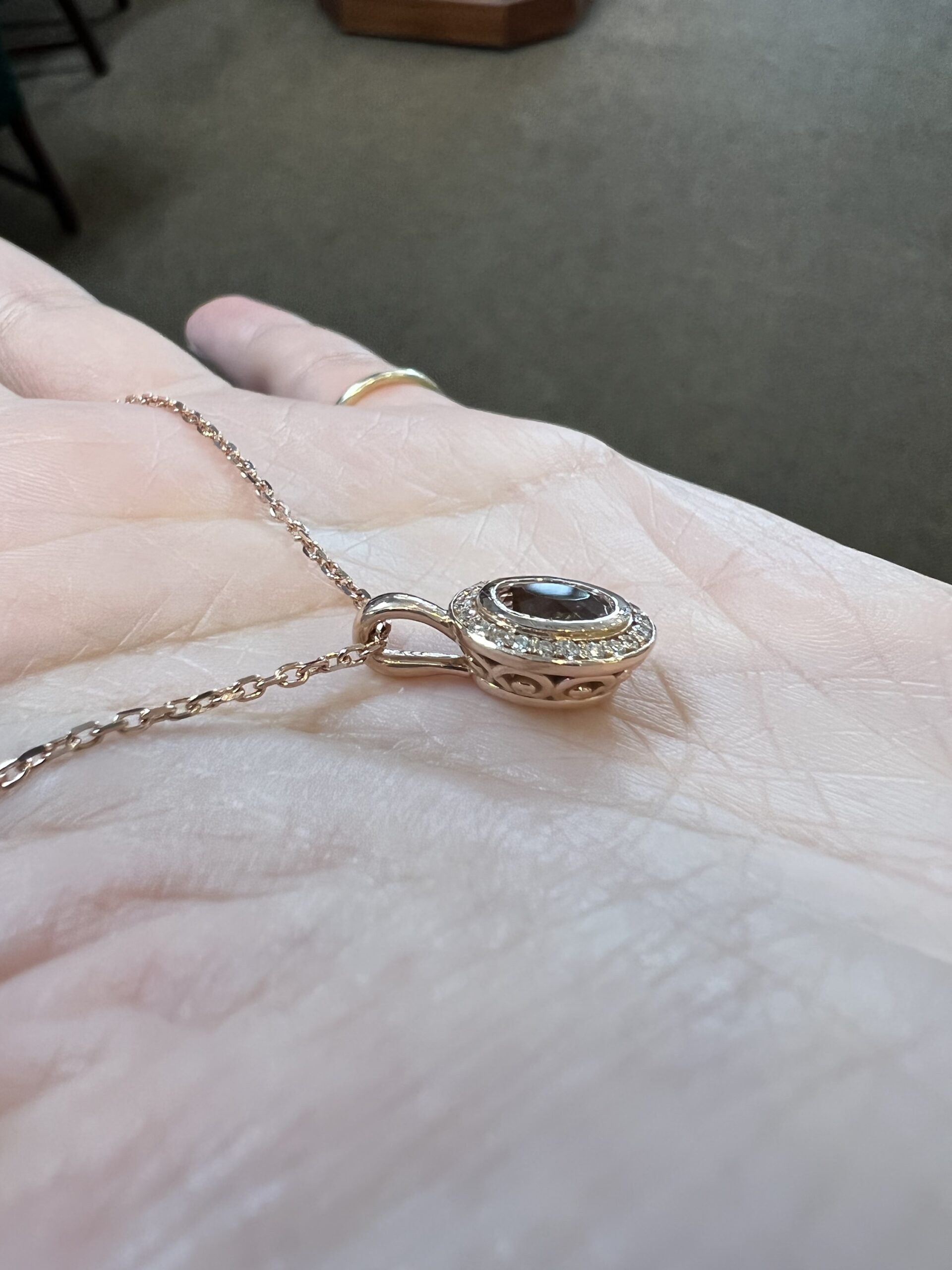 14k Rose Gold Oval Shaped Genuine Morganite & Diamond Bezel Set Halo Pendant - Image 10