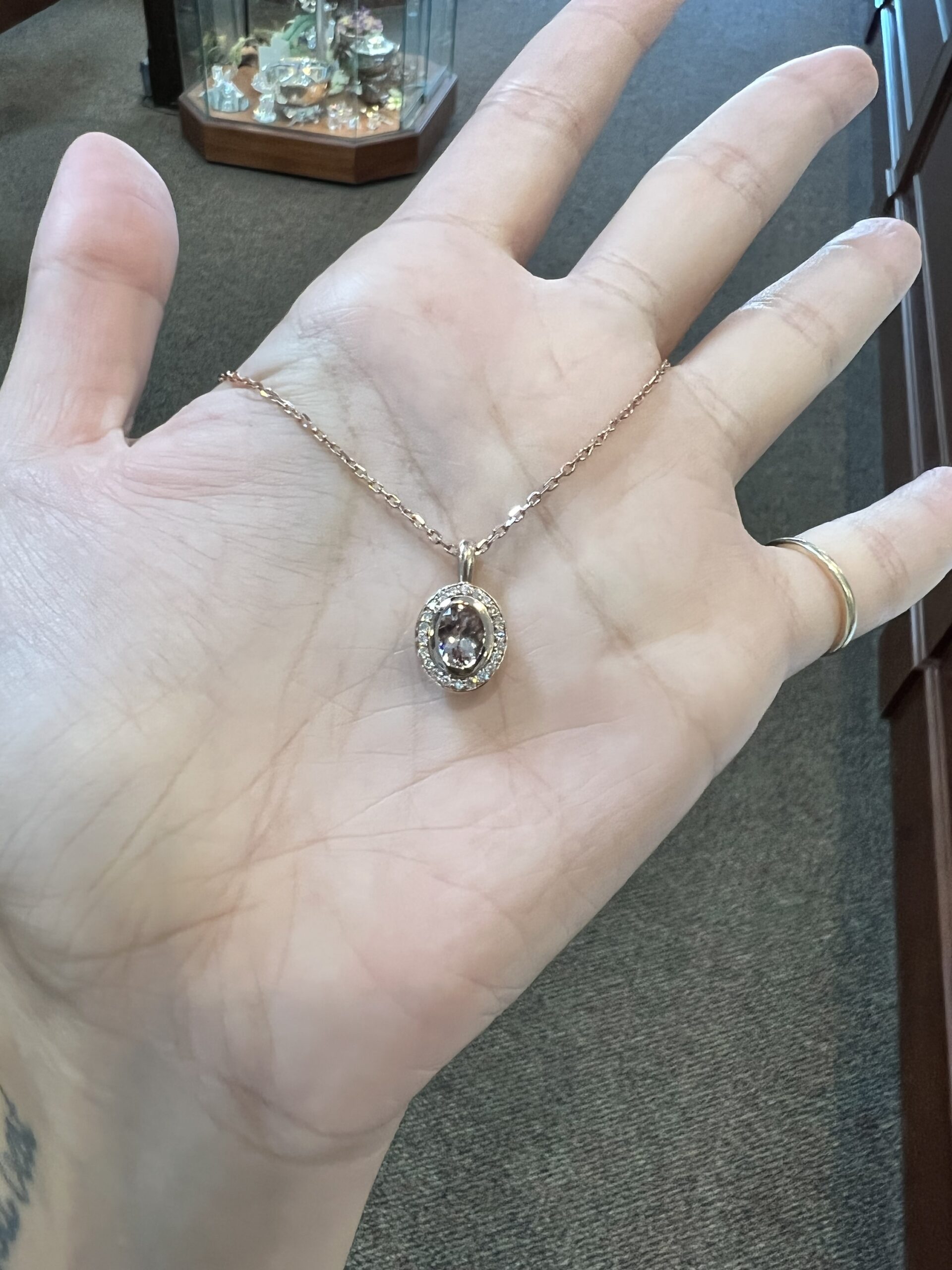 14k Rose Gold Oval Shaped Genuine Morganite & Diamond Bezel Set Halo Pendant - Image 5