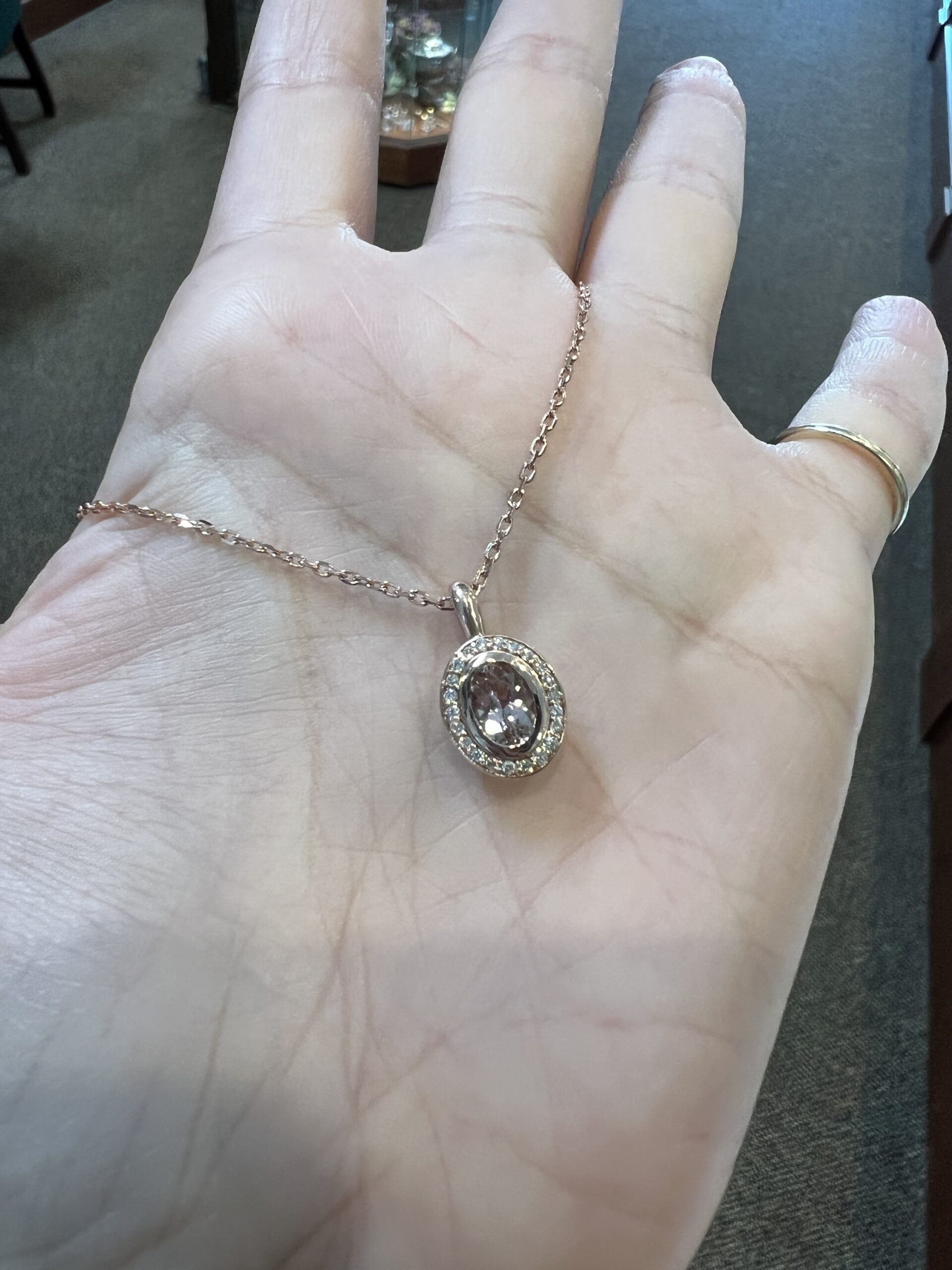 14k Rose Gold Oval Shaped Genuine Morganite & Diamond Bezel Set Halo Pendant - Image 7