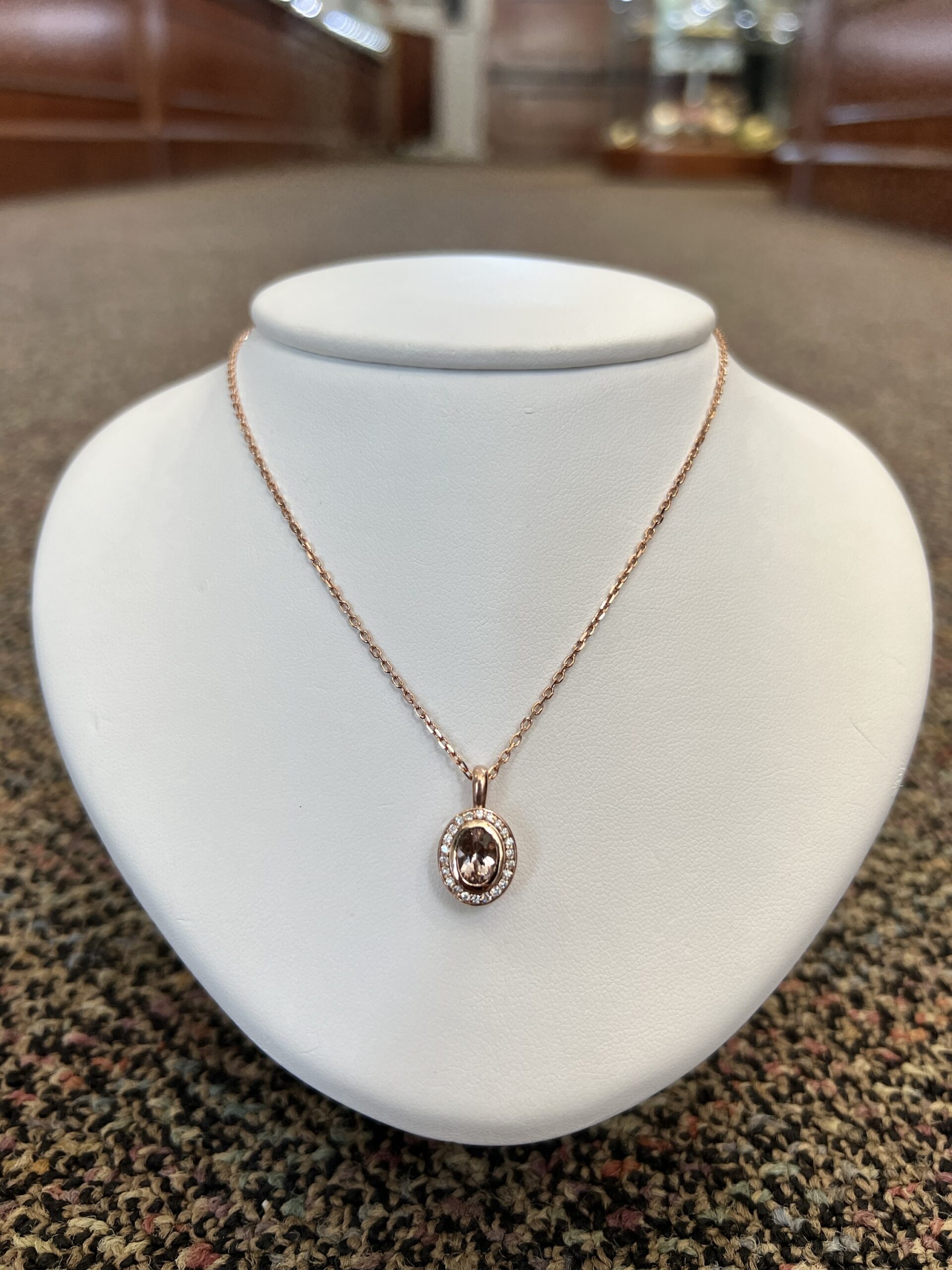 14k Rose Gold Oval Shaped Genuine Morganite & Diamond Bezel Set Halo Pendant - Image 11