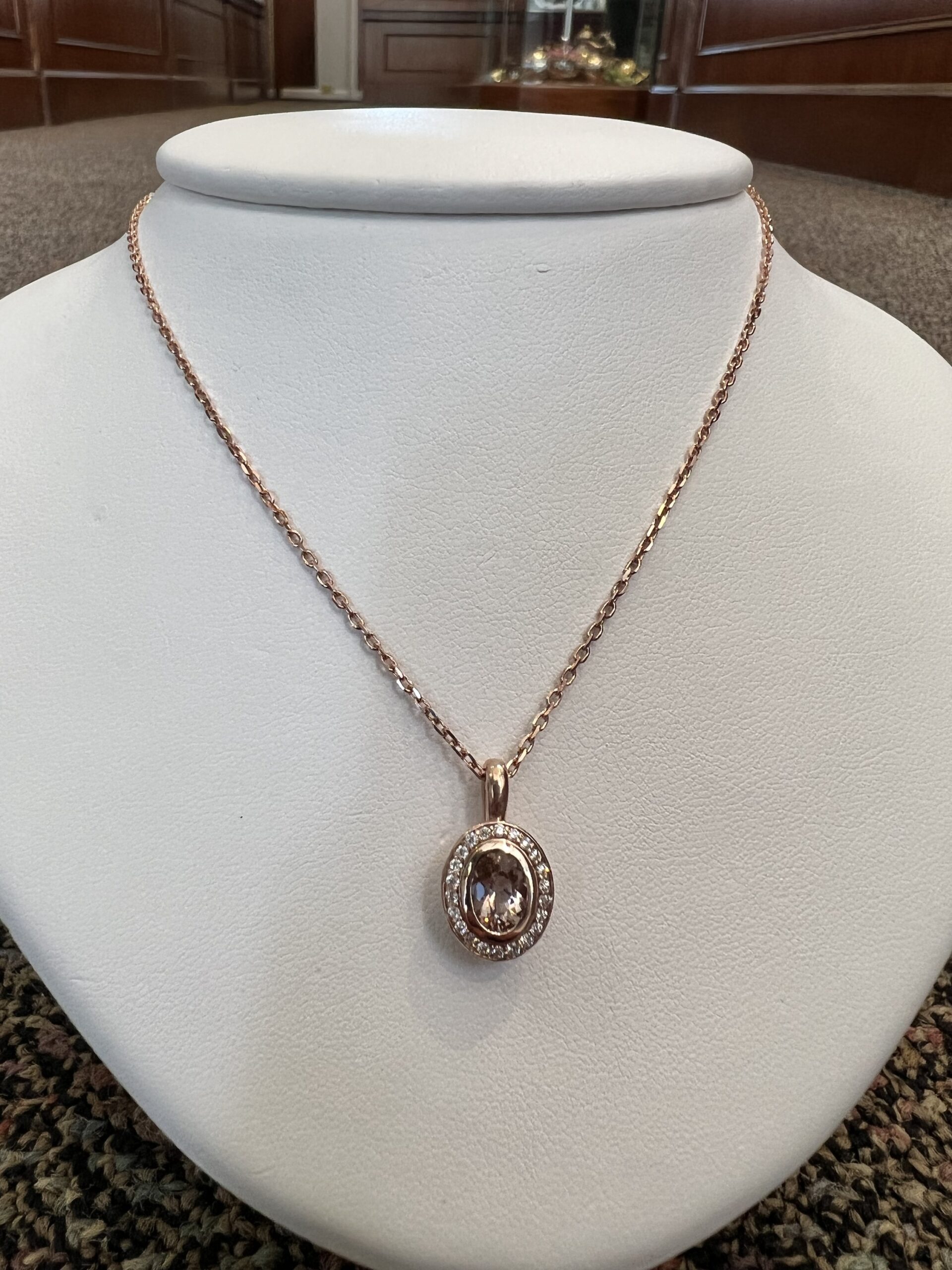 14k Rose Gold Oval Shaped Genuine Morganite & Diamond Bezel Set Halo Pendant - Image 12